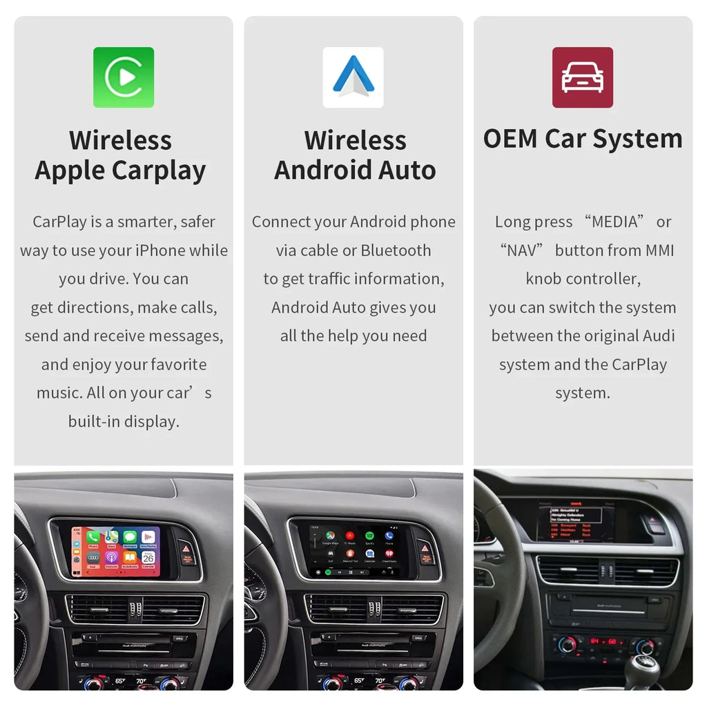 Ninetom Wireless Android Auto Carplay for Audi        2008-2015 Support 3GMMI System,Carplay Retrofit Kit,Mirrorlink,Siri,Navigation,YouTube,Original Control,Camera