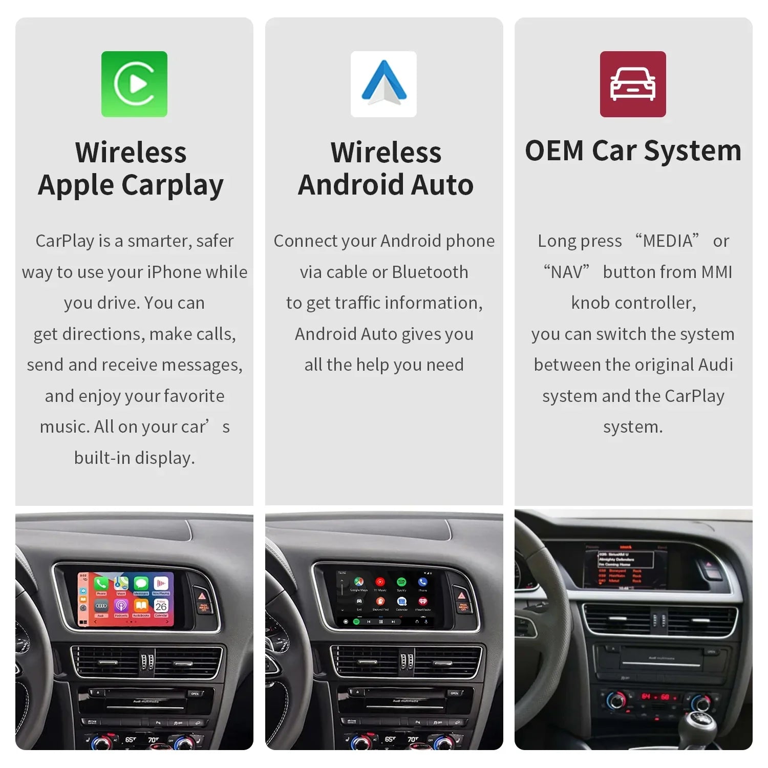 Ninetom Wireless Android Auto Carplay for Audi        2008-2015 Support 3GMMI System,Carplay Retrofit Kit,Mirrorlink,Siri,Navigation,YouTube,Original Control,Camera