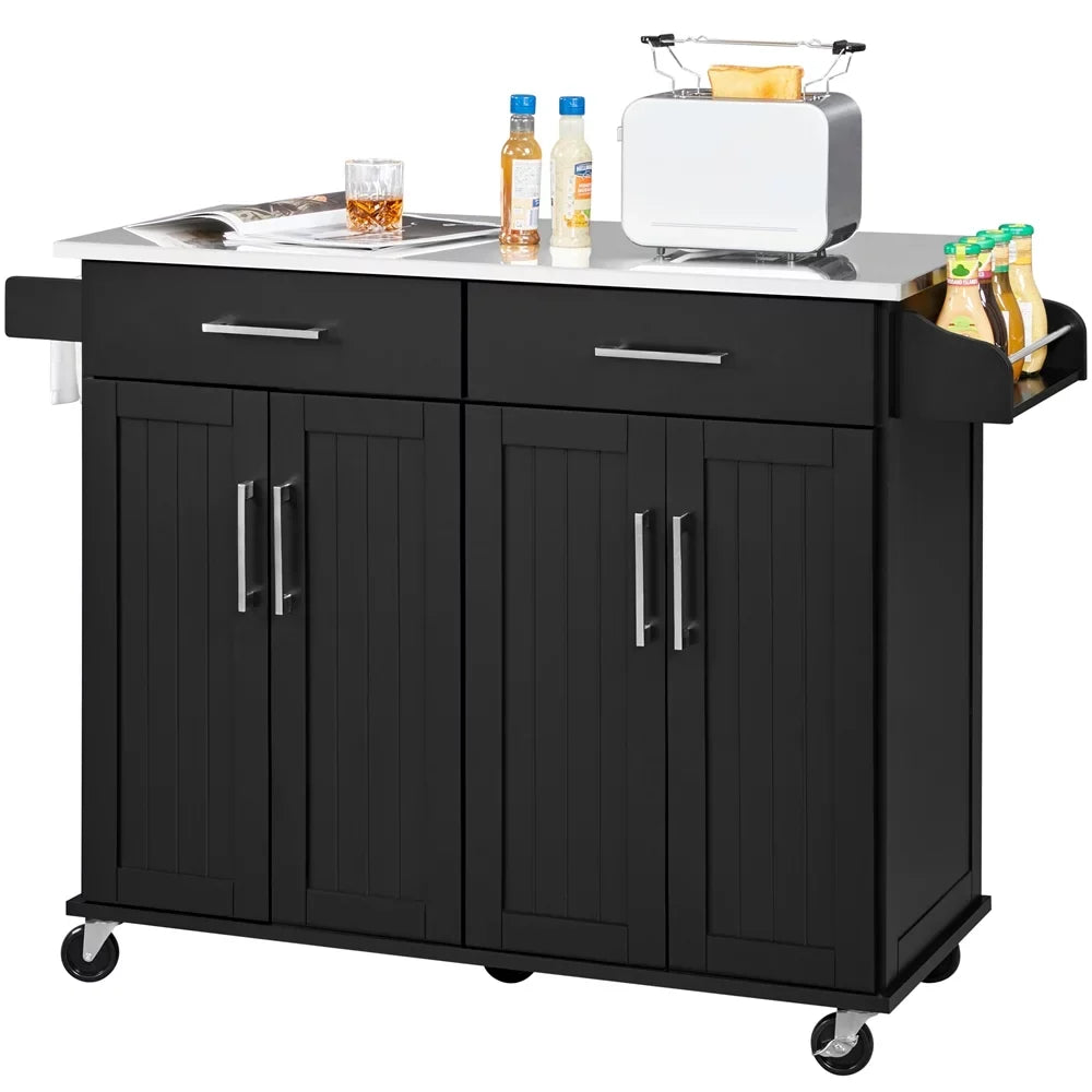 Topeakmart Rolling Kitchen Island with Storage Drawers & Towel Bar & Spice Rack, Black