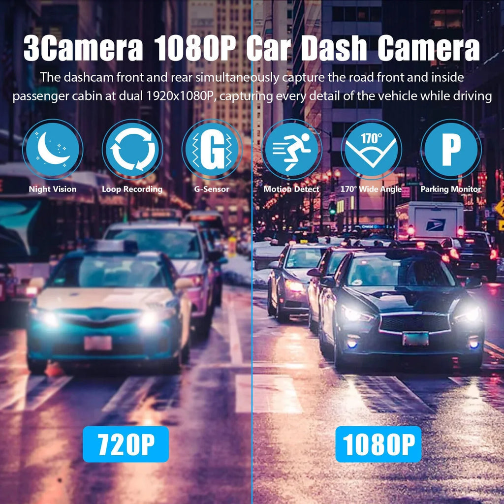 1080P Car Dual Dash Cam,  Front/Rear/Inside Dual Lens Dash Camera,  Video Recorder Camera with -sensor