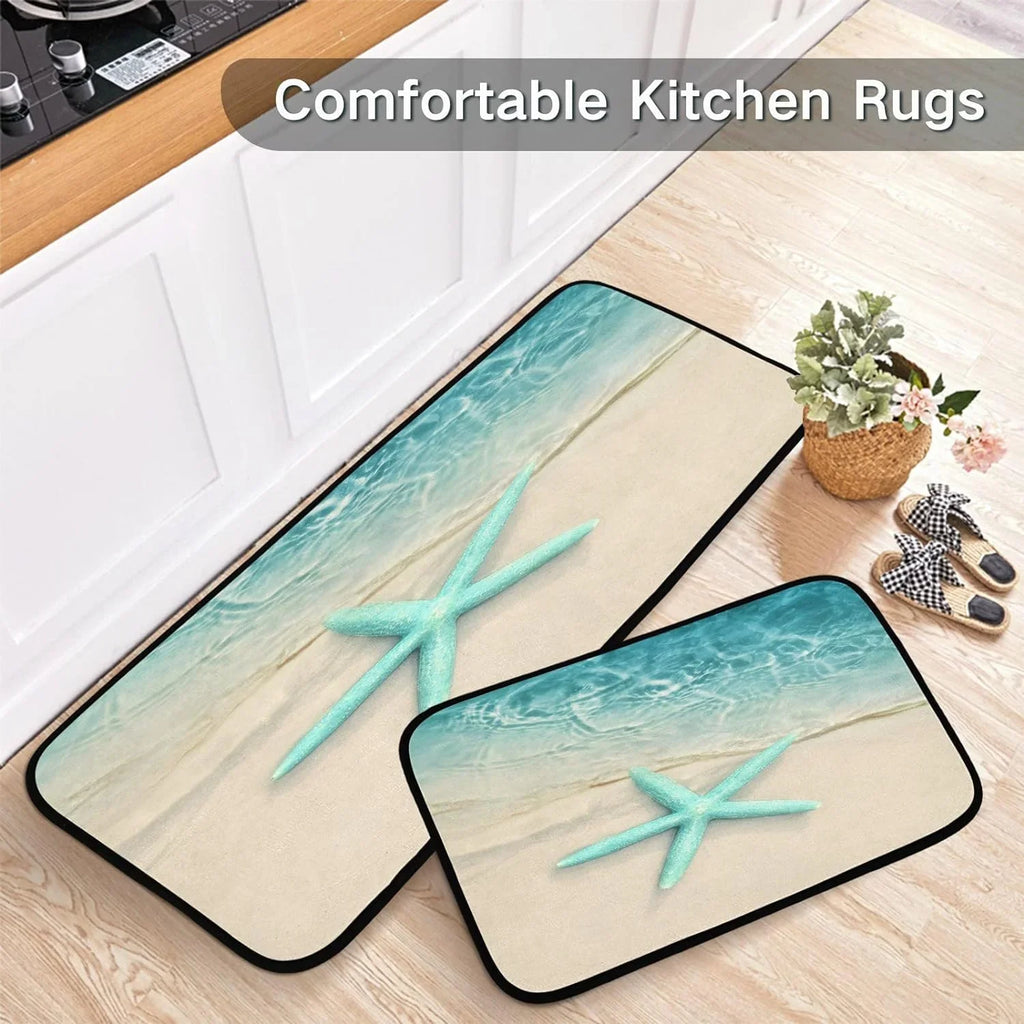 Ocean Beach Starfish Kitchen Mats and Rugs Sea Water Wave Floor Runner Area Rug Washable Carpet Perfect for Living Room Bedroom Entryway 20x28inches + 20x47inches Home Decor Gift