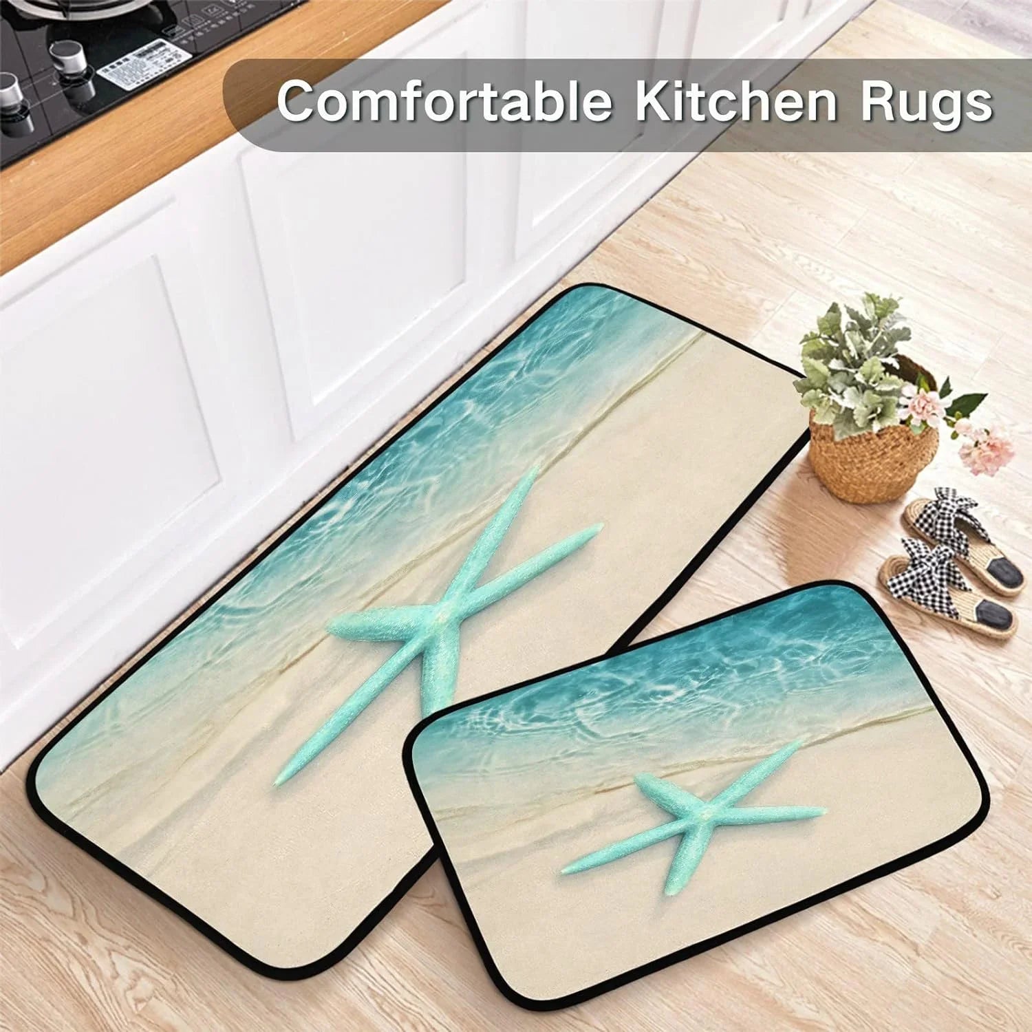 Ocean Beach Starfish Kitchen Mats and Rugs Sea Water Wave Floor Runner Area Rug Washable Carpet Perfect for Living Room Bedroom Entryway 20x28inches + 20x47inches Home Decor Gift