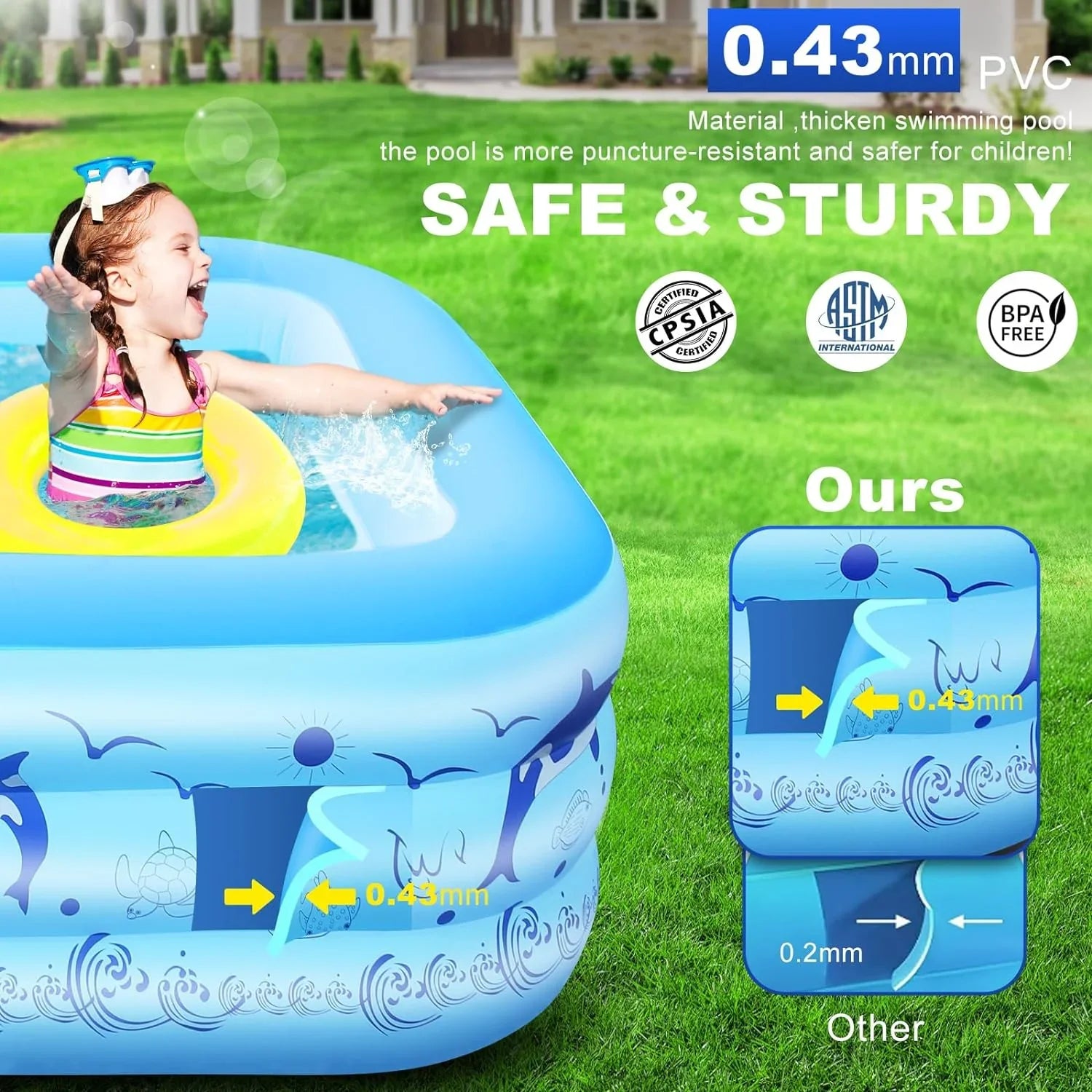 Inflatable Pool with Lights, 2024 Upgraded Family Inflatable Swimming Pool for Kids,Adults, Blow up Pool Solar Powered, Large Kiddle Pool, 105"x65"x25''Oversized Thickened Pool for Backyard