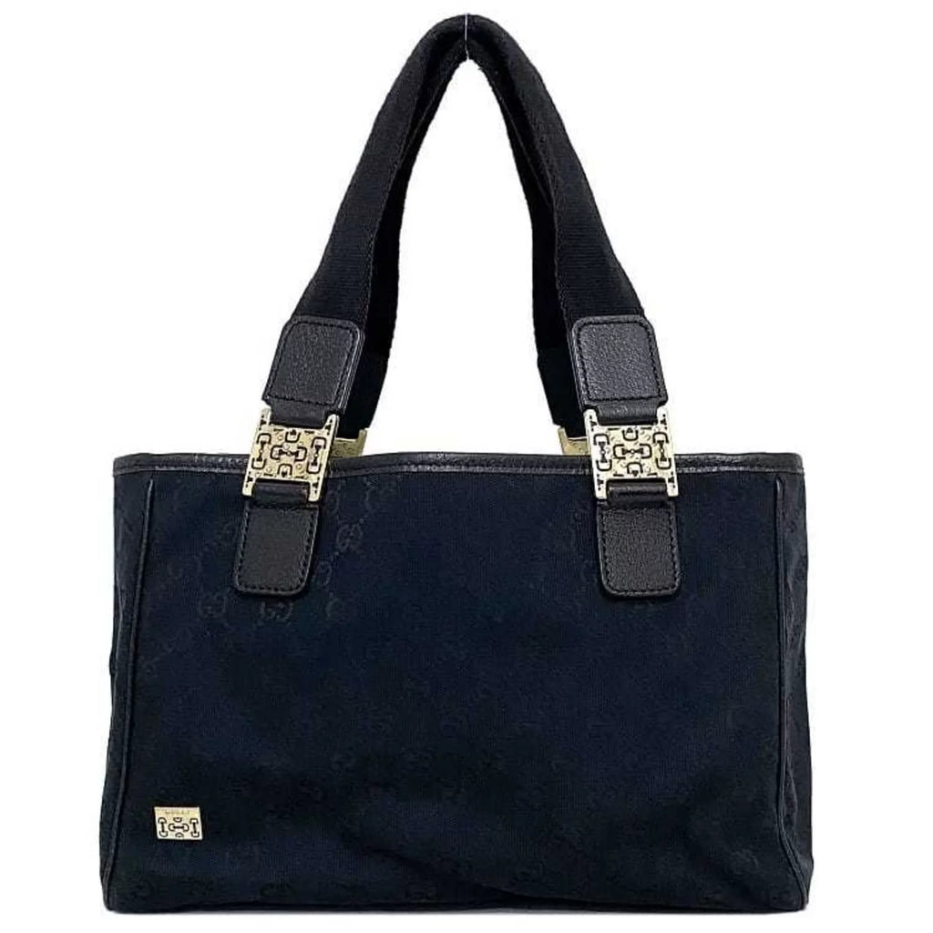 Pre-Owned Gucci Tote Bag Black Silver Horsebit 145810 Canvas Leather  Handbag Ladies (Good)