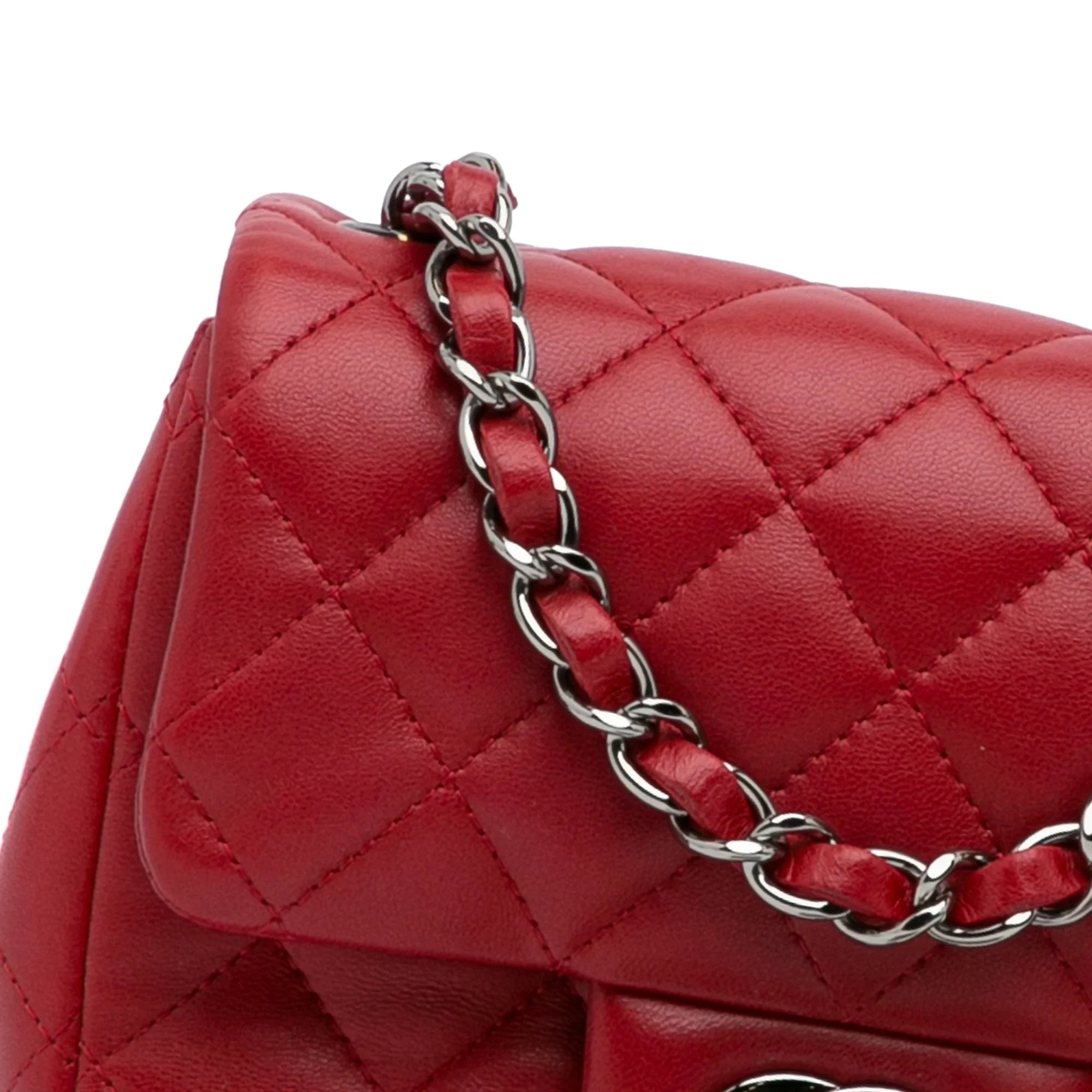 Pre-Owned Authenticated Chanel Mini Classic Lambskin Square Single Flap Leather Red Crossbody Bag Unisex (Good)