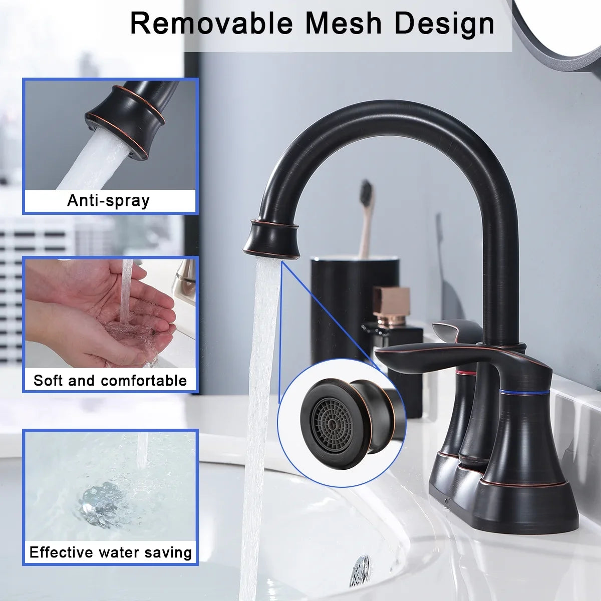Kichae 4 Inch Vanity Sink Faucet，2-Handle 360 Degree Swivel Bathroom Spout Centerset Faucet with Pop-up Drain & Supply Hoses，Oil Rubbed Bronze