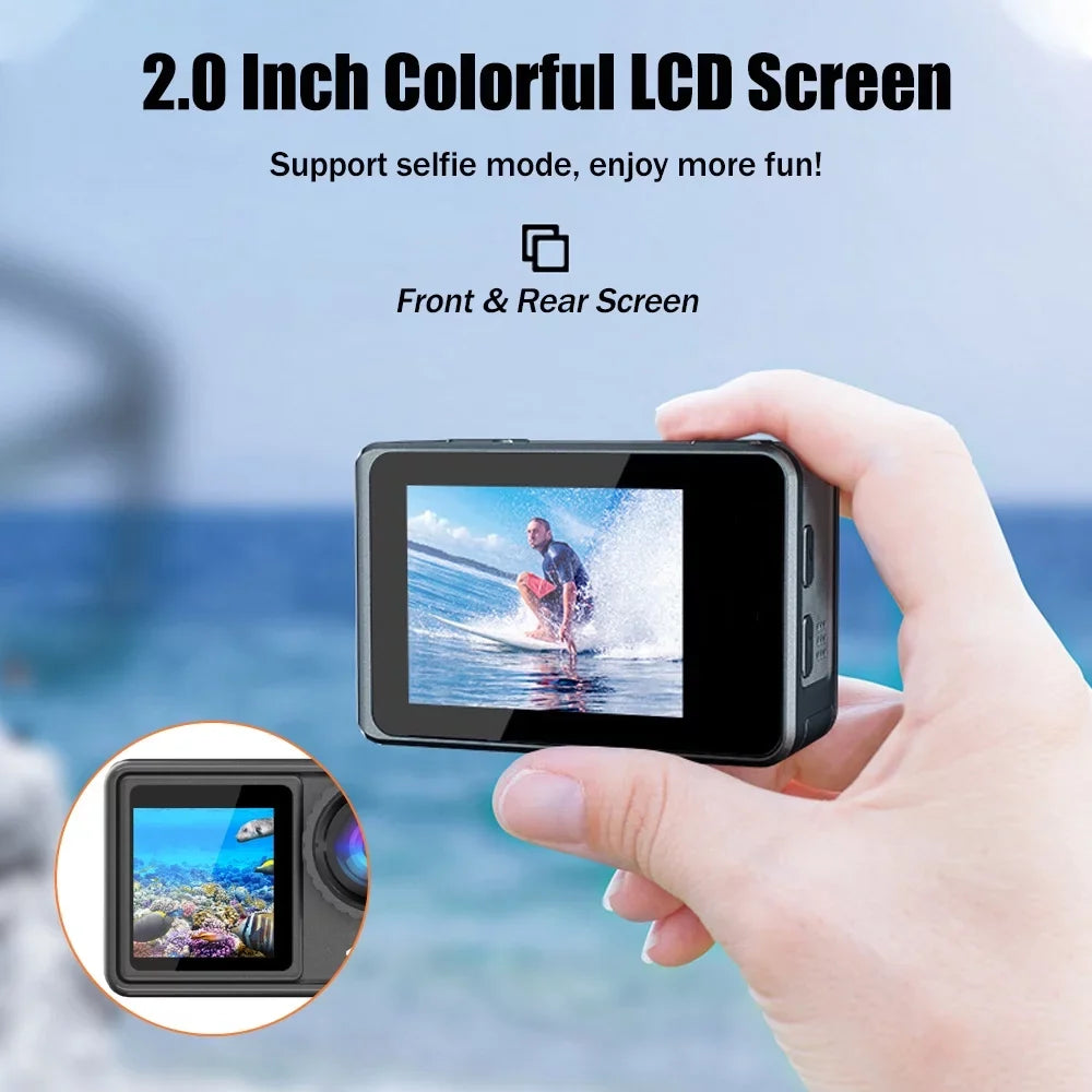 4K 24MP Dual Screen Sport Camera  Camcorder 2.0 Inch Screen 170° Wide Angle  40m Waterproof WiFi with Macro   8 16 Purple Lens for Outdoor Sports