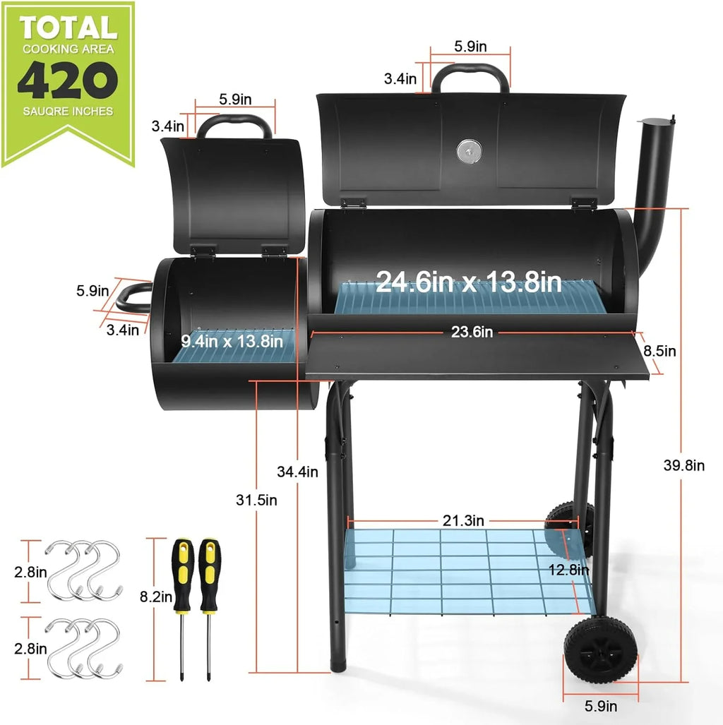 Outdoor  Grill, Barrel Charcoal Grill with Offset Smoker, Camping Barbecue Grill for Patio Backyard Garden Party Picnic, Large 420.. Cooking Area, 2 Screwdrivers & 6 Hooks - Black