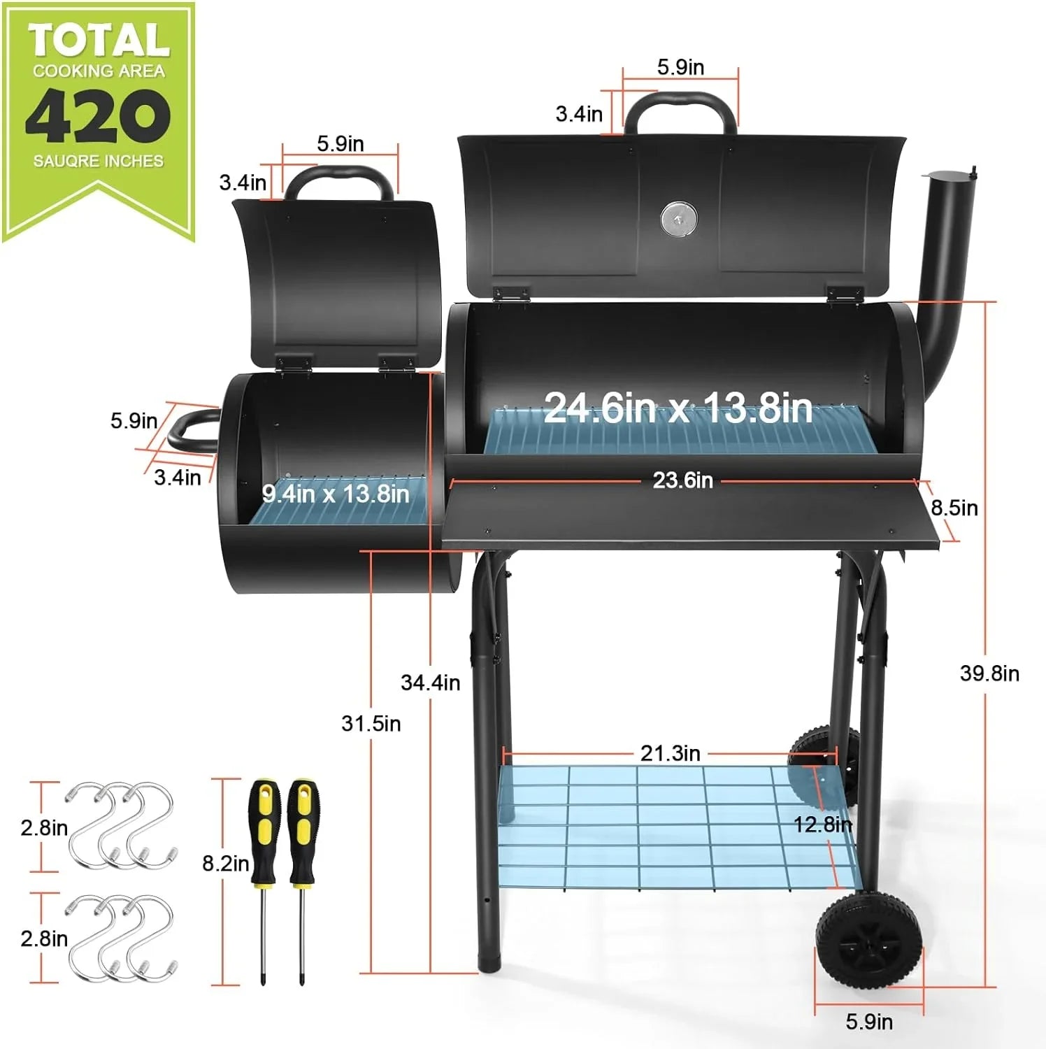Outdoor  Grill, Barrel Charcoal Grill with Offset Smoker, Camping Barbecue Grill for Patio Backyard Garden Party Picnic, Large 420.. Cooking Area, 2 Screwdrivers & 6 Hooks - Black
