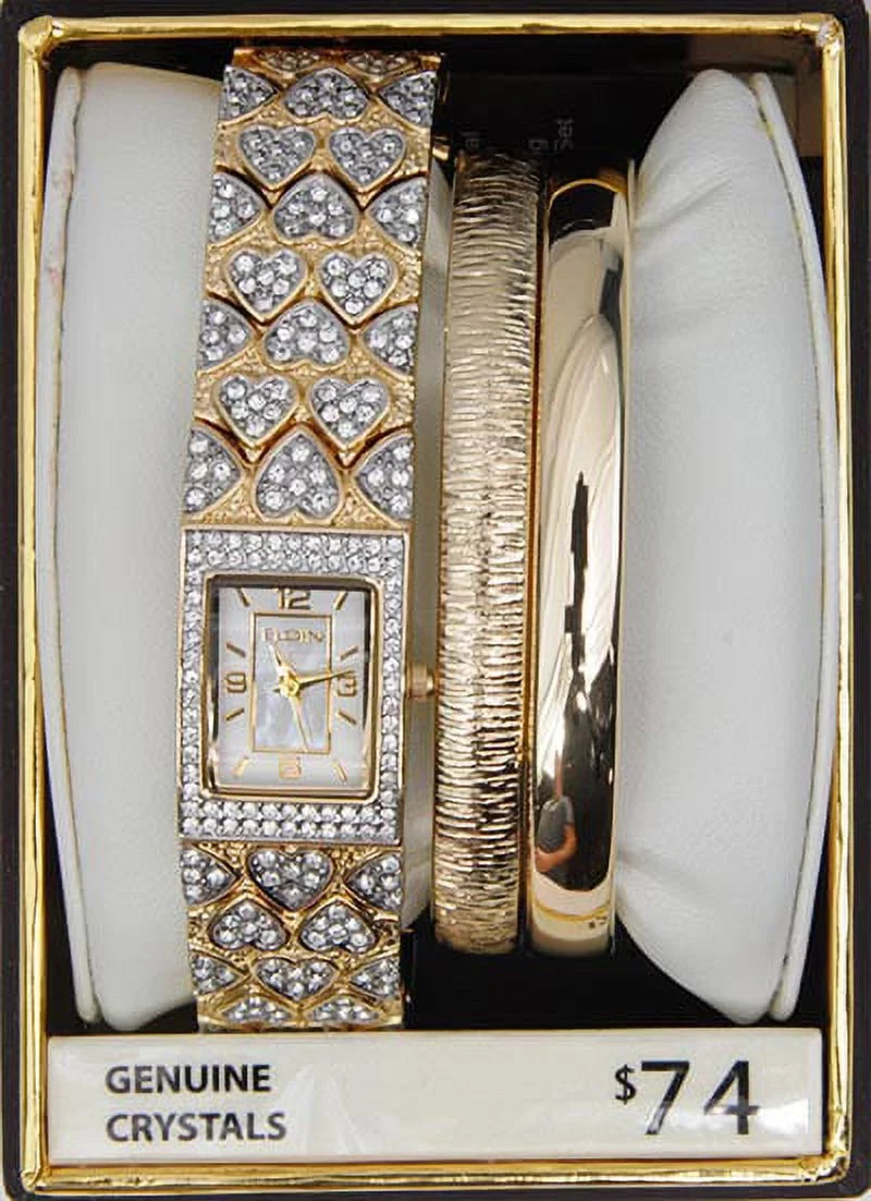 Elgin Adult Female Gold-Tone White  Round Crystal Double Bangle Watch Set ()