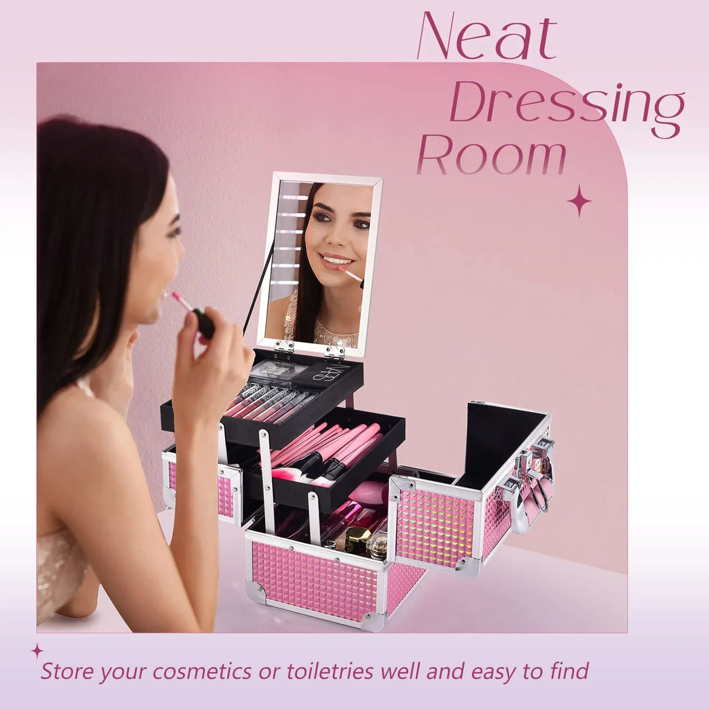 Joligrace Makeup Train Case Cosmetics Box with Mirror Lockable 2 Trays Makeup Case Organizer