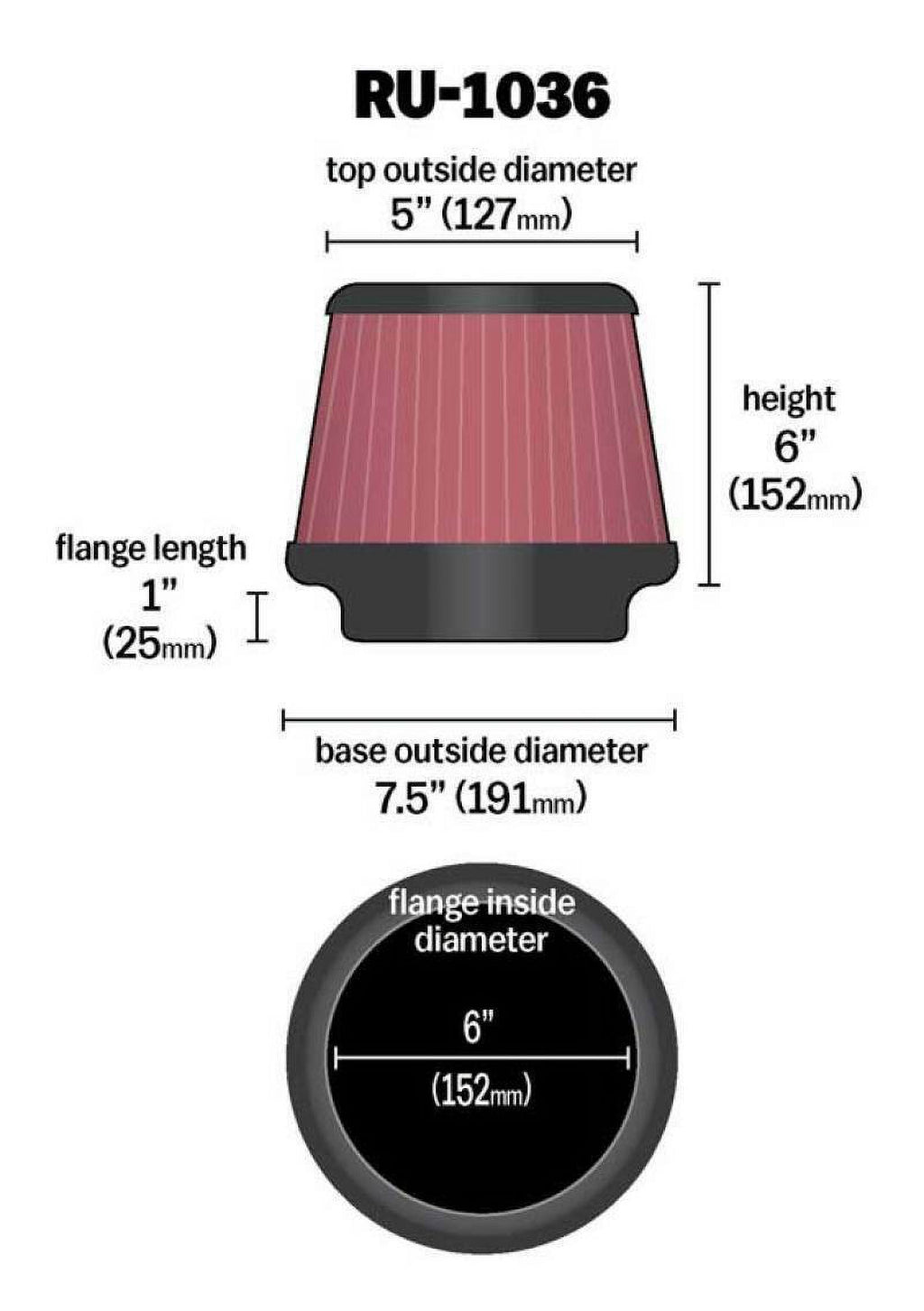 & Universal Clamp-On Air Filter: High Performance, Premium, Washable, Replacement Engine Filter: Flange Diameter: 6 In, Filter Height: 6 In, Flange Length: 1 In, Shape: Round Tapered, -1036