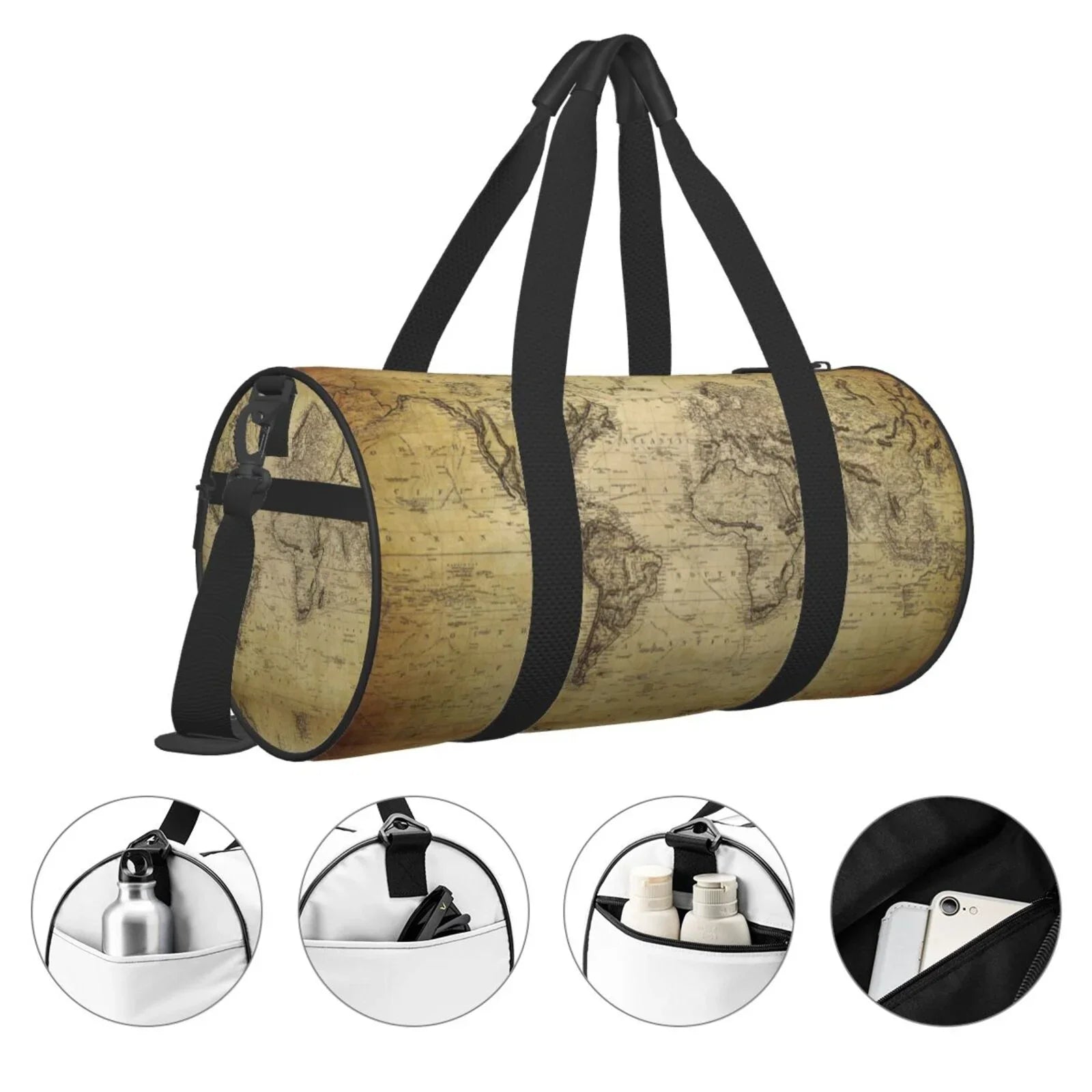 Coaee Vintage World Map Large Capacity Travel Luggage Bag Cylinder Gym Bag Waterproof Sports Bag with Pocket and Compartment