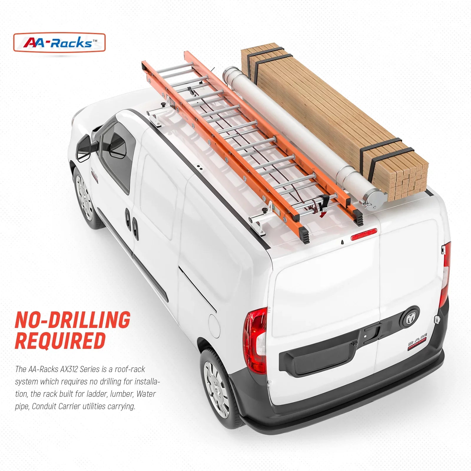 '-Racks Model -  ProMaster City 2015-On Aluminum 2 Bar (50") Van Roof Rack System w/ Ladder Stopper White