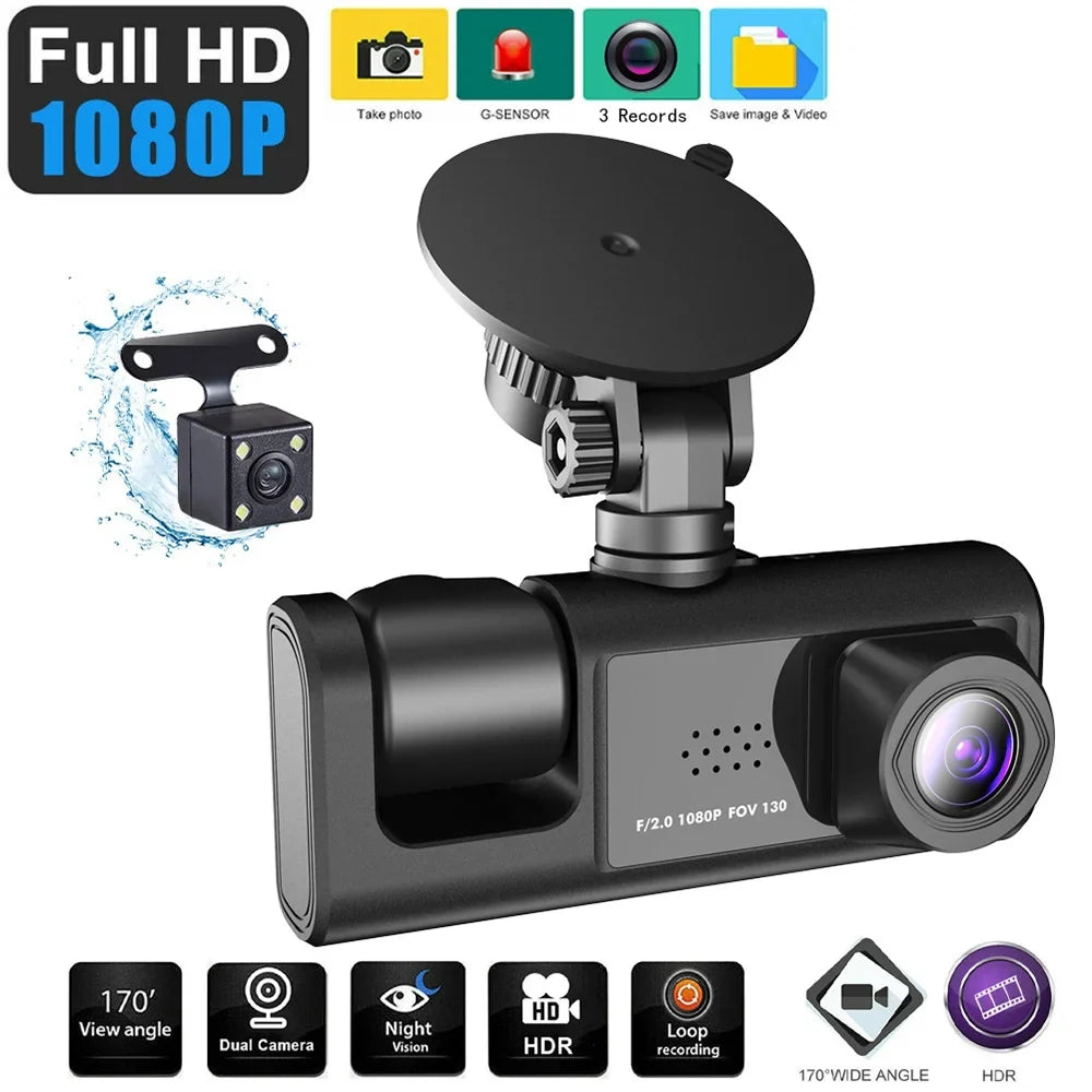 Virwir WiFi Dash Cam 1920x1080P  Front Inside and Rear Dash Cam Three Cam Car  Night Vision Loop Recording
