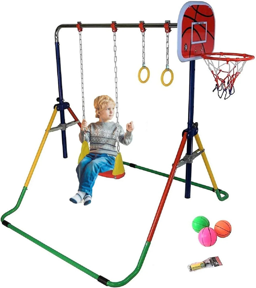 Height-Adjustable 4-in-1 Gymnastics Bar Set with Swing, Rings, Basketball Hoop - Folding Junior Training Bar for Home Gym