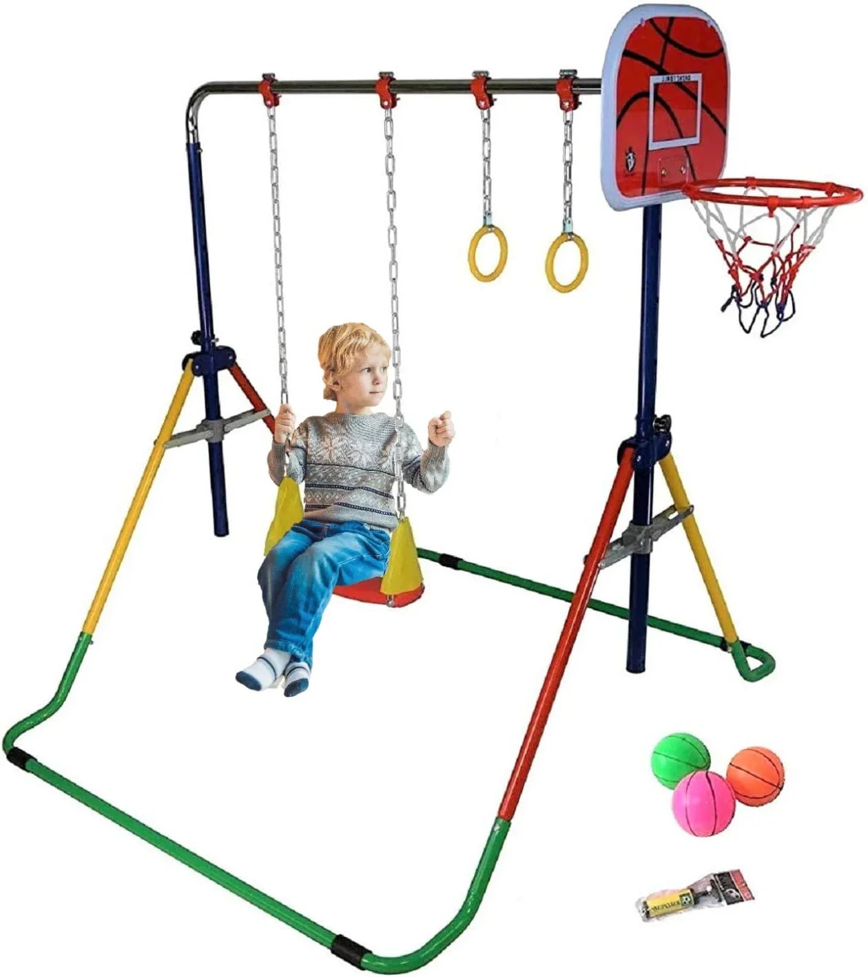 Height-Adjustable 4-in-1 Gymnastics Bar Set with Swing, Rings, Basketball Hoop - Folding Junior Training Bar for Home Gym