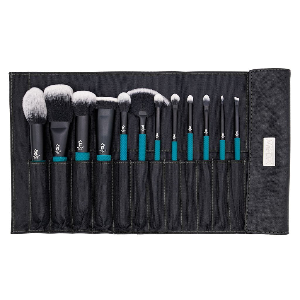 Moda Brush Pro Full Face 13pc Teal Makeup Brush Set with Wrap, Includes Flat Powder, Highlight, and Crease Makeup Brushes