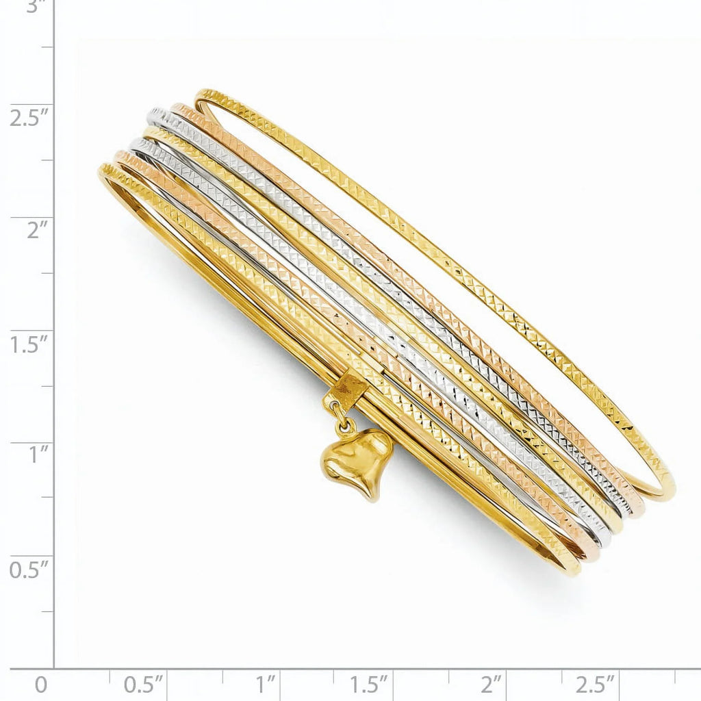 Beautiful 14K w/Dangle Heart Tri-color Set of 7 Textured Slip-on Bangles