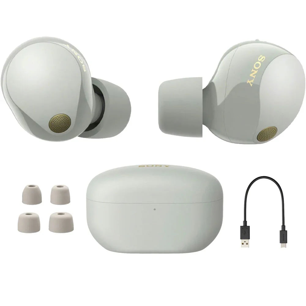 Sony -1000XM5 Industry Leading Noise Canceling Truly Wireless Earbuds (Silver) Bundle with Silicone Case (Black), Memory Foam Ear Tips, - to - Cable & 1   Enhanced Protection Pack