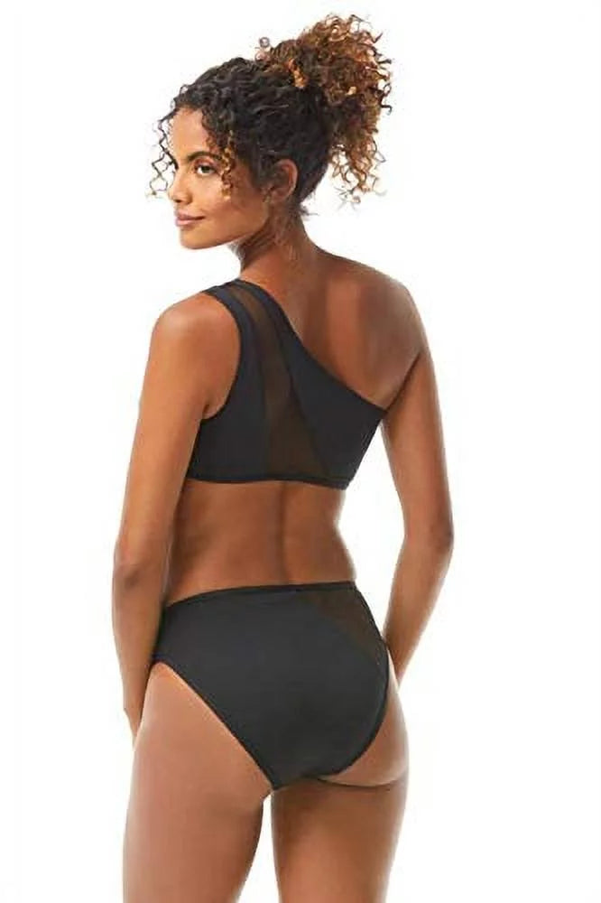Women's Black Stretch Lined      Bikini Mesh One Shoulder Swimsuit Top
