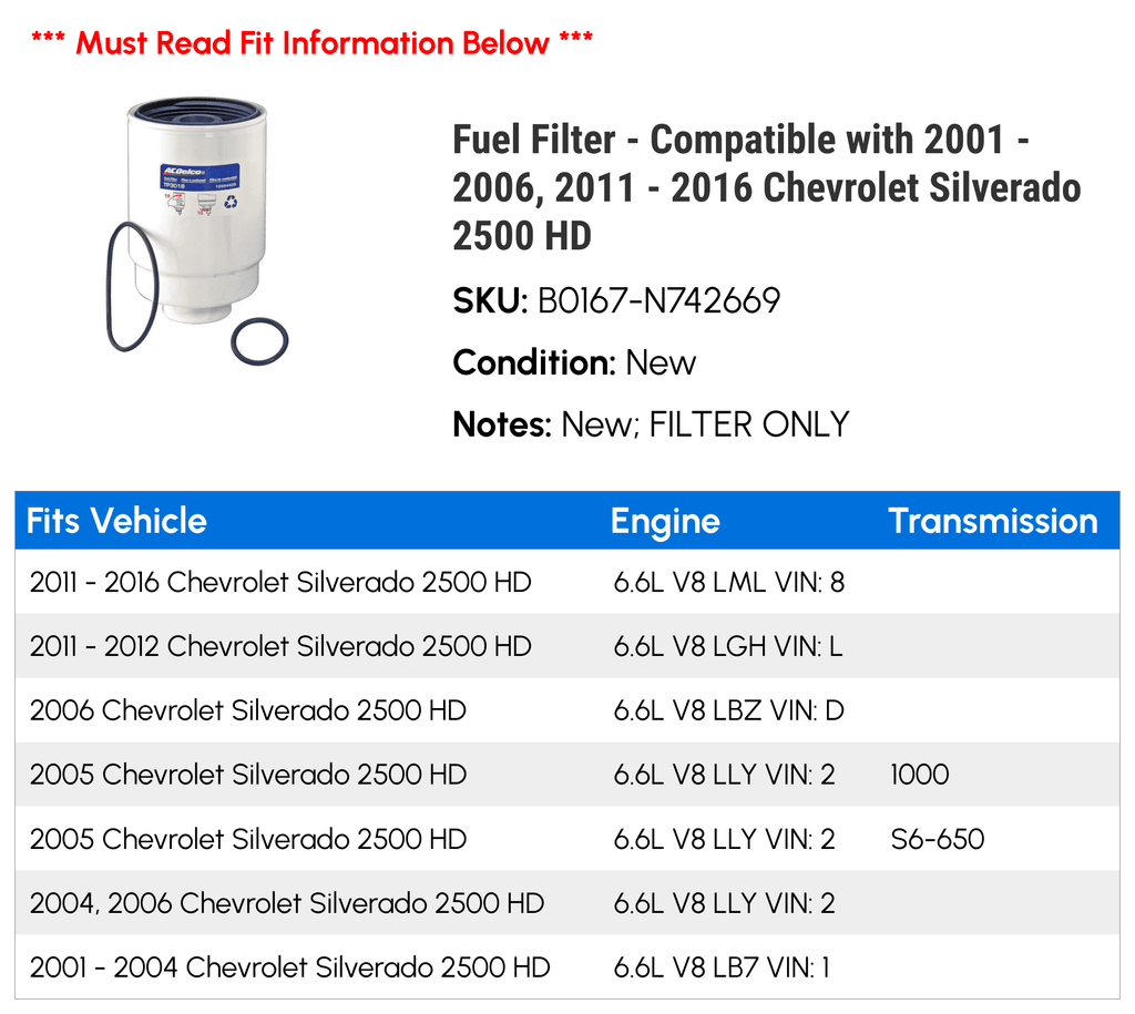 Fuel Filter - Compatible with 2001 - 2006, 2011 - 2016 Chevy Silverado 2500  2002 2003 2004 2005 2012 2013 2014 2015