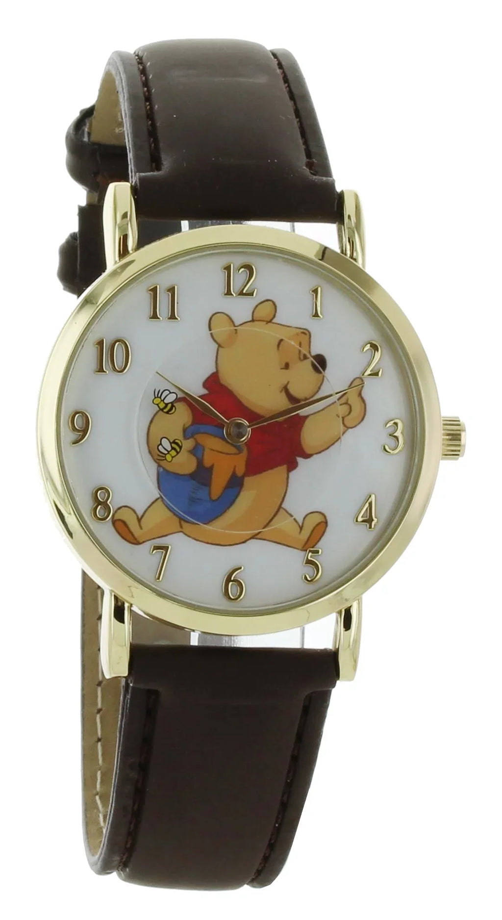 Disney Winnie The Pooh Rotating Bees Gold Tone Case With Brown Leather Band Analog Watch