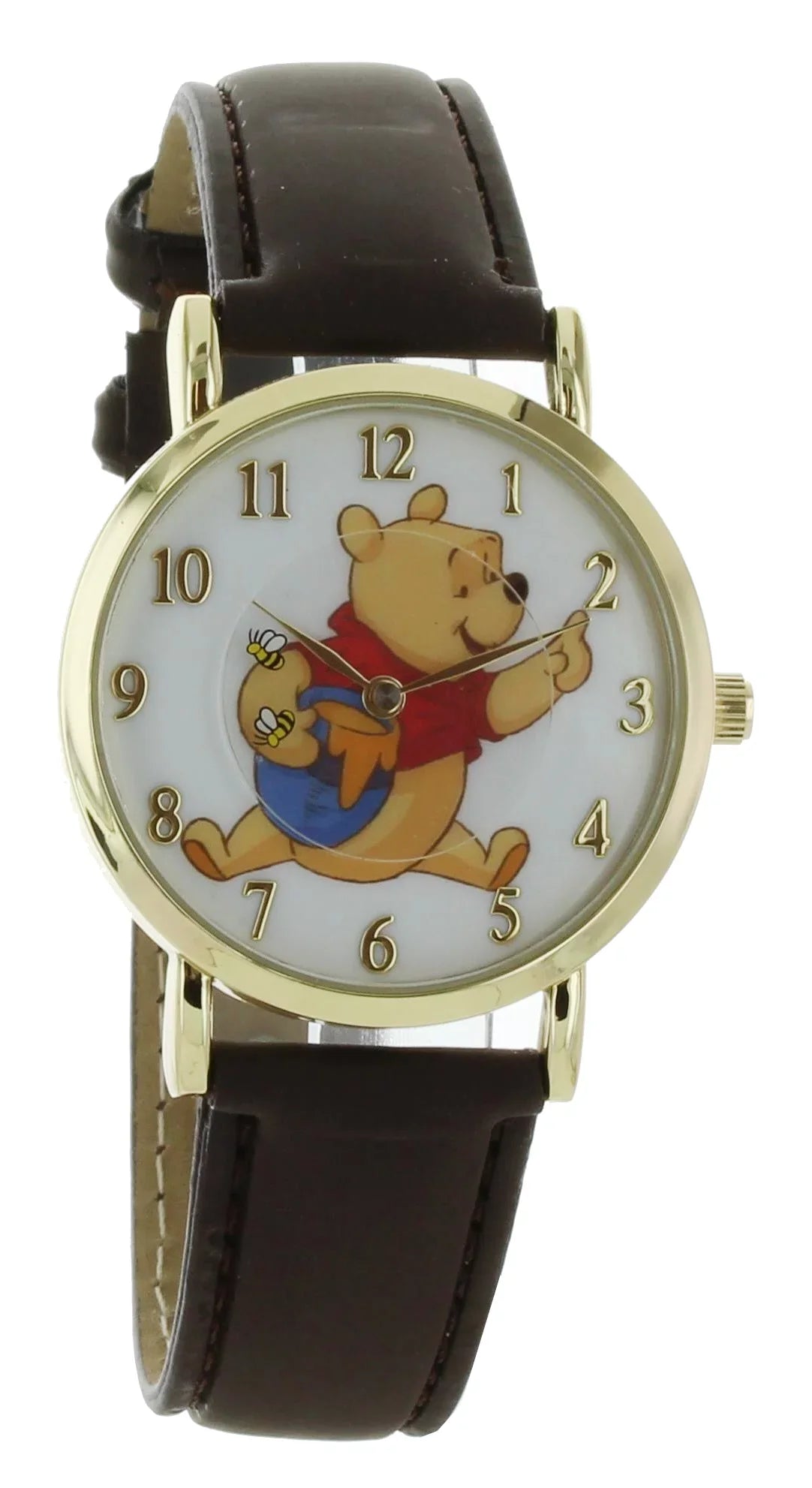 Disney Winnie The Pooh Rotating Bees Gold Tone Case With Brown Leather Band Analog Watch