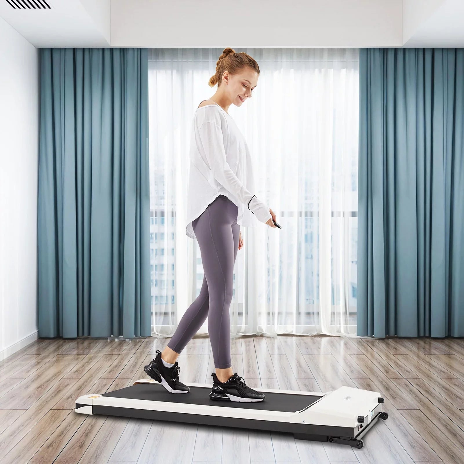 1.5  Electric Portable Treadmill Walking Flat Machine Slim Treadmill Under Desk with Remote Control &Installation-Free,  Fitness-White