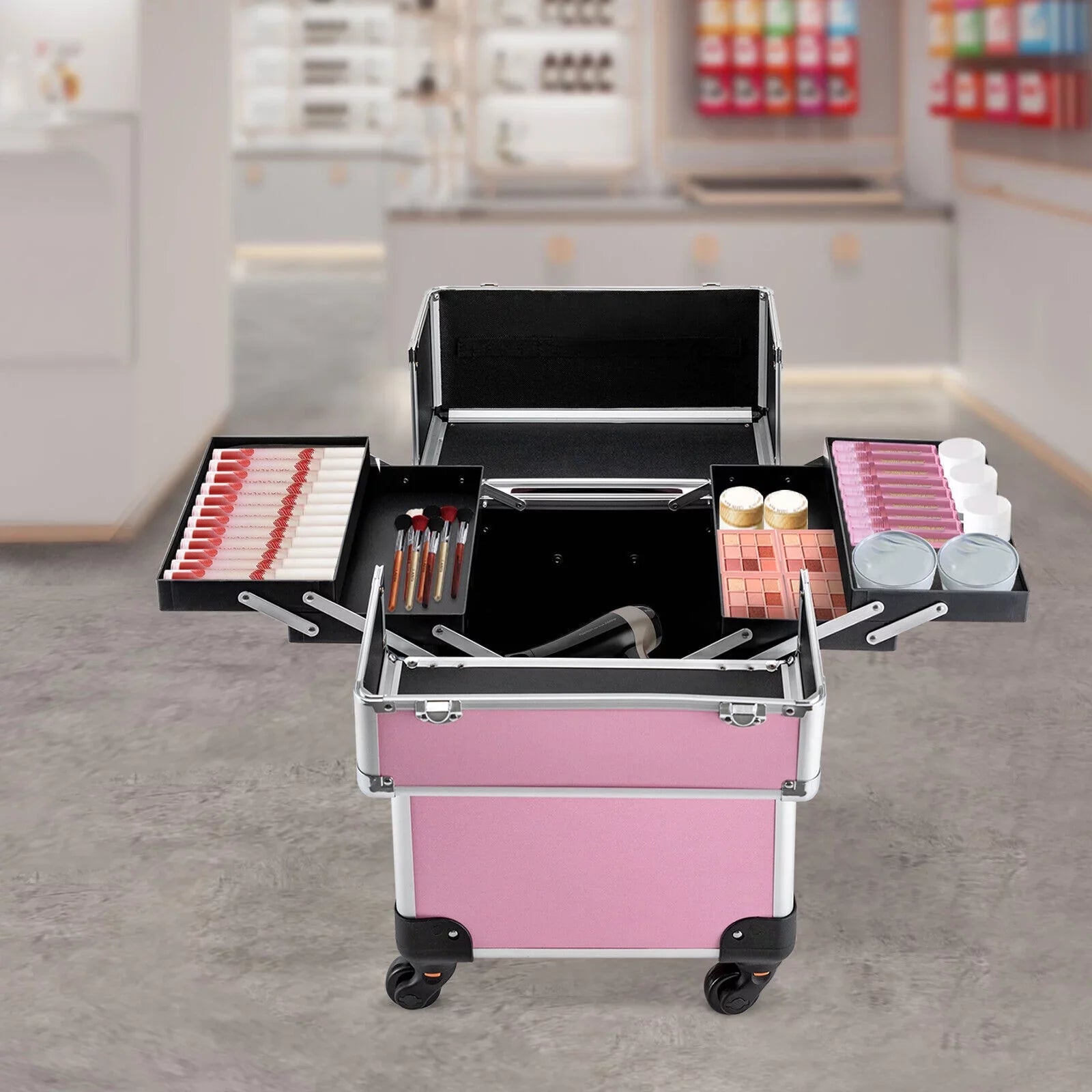 Miumaeov Rolling Makeup Train Case Cosmetic Trolley Cosmetic Case Professional Large Storage Organizer Salon Barber Case Travel Adjustable Dividers for Beauty Personal Care