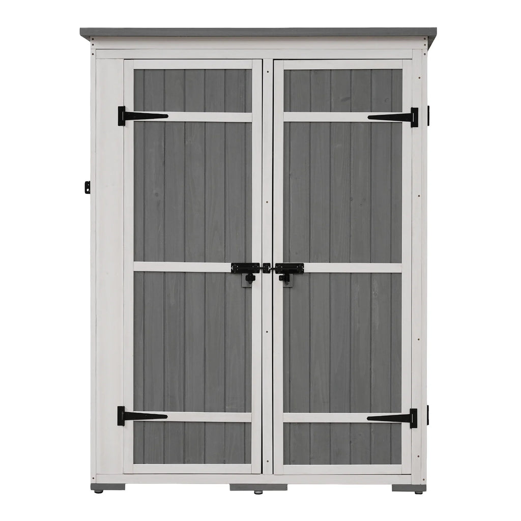 Homiyad Outdoor 5.5ft Hx4.1ft  Wood Storage Shed, Garden Tool Cabinet with Waterproof Asphalt Roof, Four Lockable Doors, Multiple-Tier Shelves, White and Gray