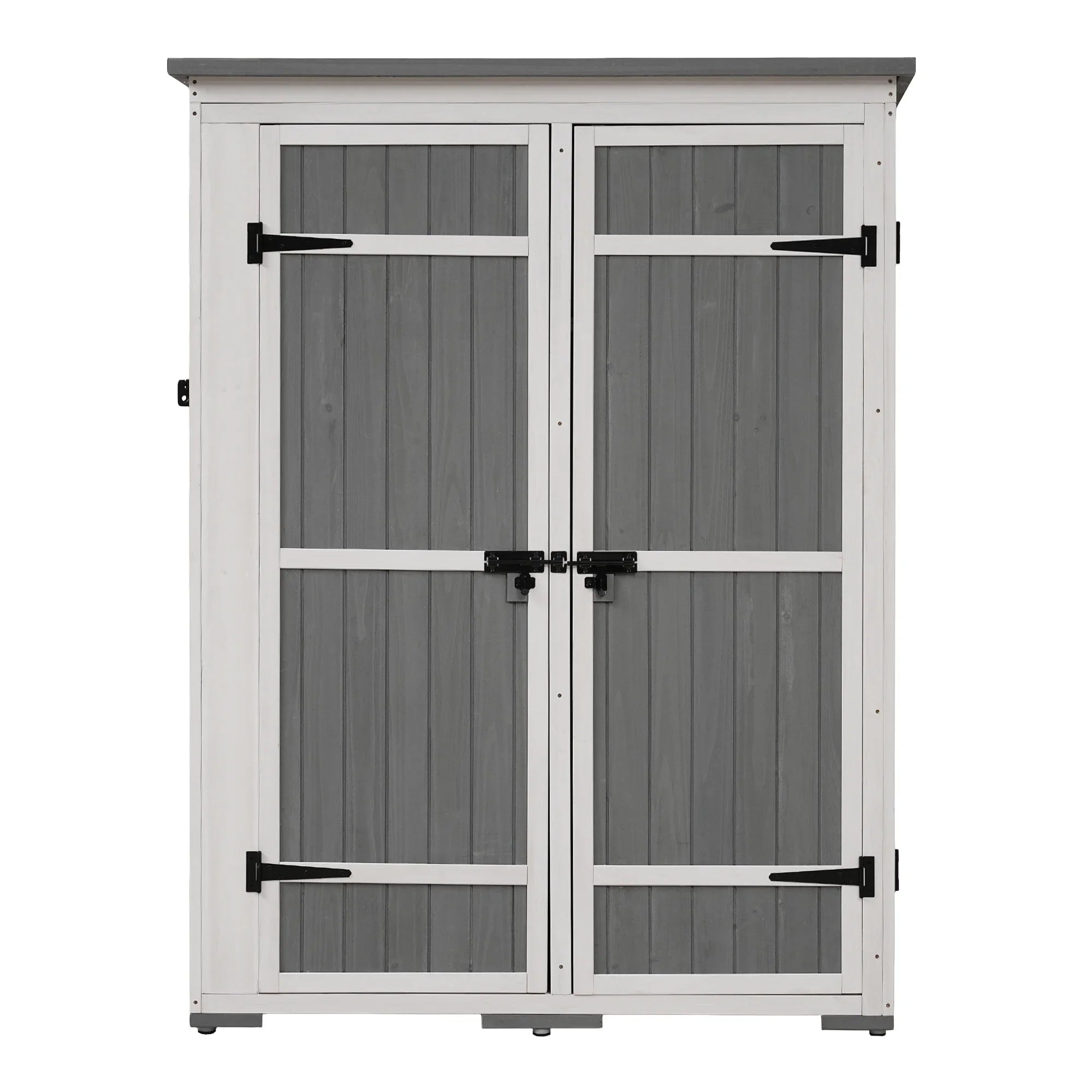 Homiyad Outdoor 5.5ft Hx4.1ft  Wood Storage Shed, Garden Tool Cabinet with Waterproof Asphalt Roof, Four Lockable Doors, Multiple-Tier Shelves, White and Gray