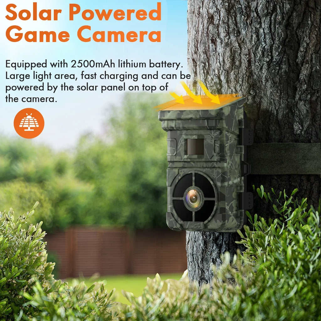 Solar Trail Camera 24MP 1080P 2500mAh Built-in Lithium Battery Rechargeable Game Camera with Night Vision Waterproof  0.1s Trigger Speed 120°Wide Angle 2.0"  Hunting Cam with  Card