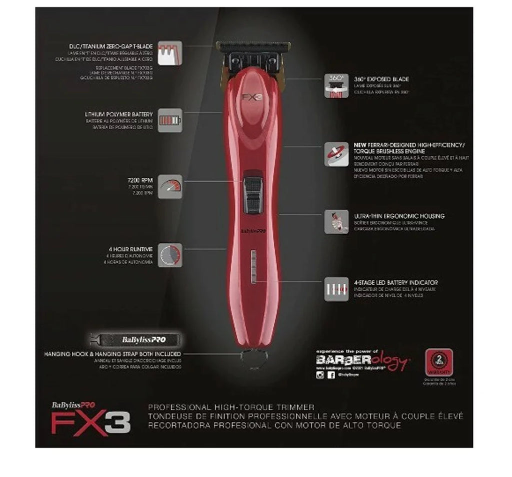 BaByliss Pro  Red High-Torque Cordless Zero-Gap -Blade Hair Trimmer #