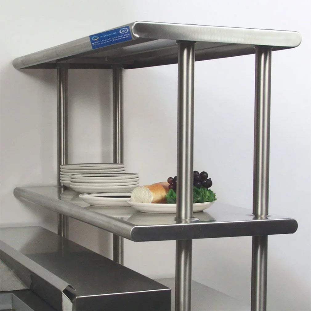 18" x 72" Stainless Steel Work Table With Two Shelves | 12" Wide Double Tier Overshelf | Metal Kitchen Prep Table & Shelving Combo