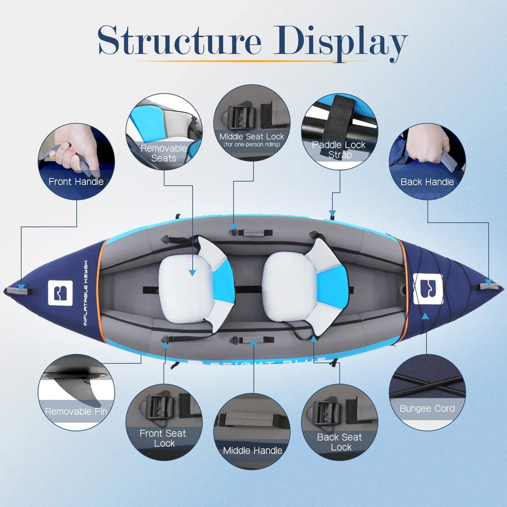 Rich Versatile Blue 11' Inflatable Fishing Kayak Set 2 Person Sit-on Kayak for Adults Angler Blow up Kayak with 2 Paddles 3 Fins and Carrying Bag