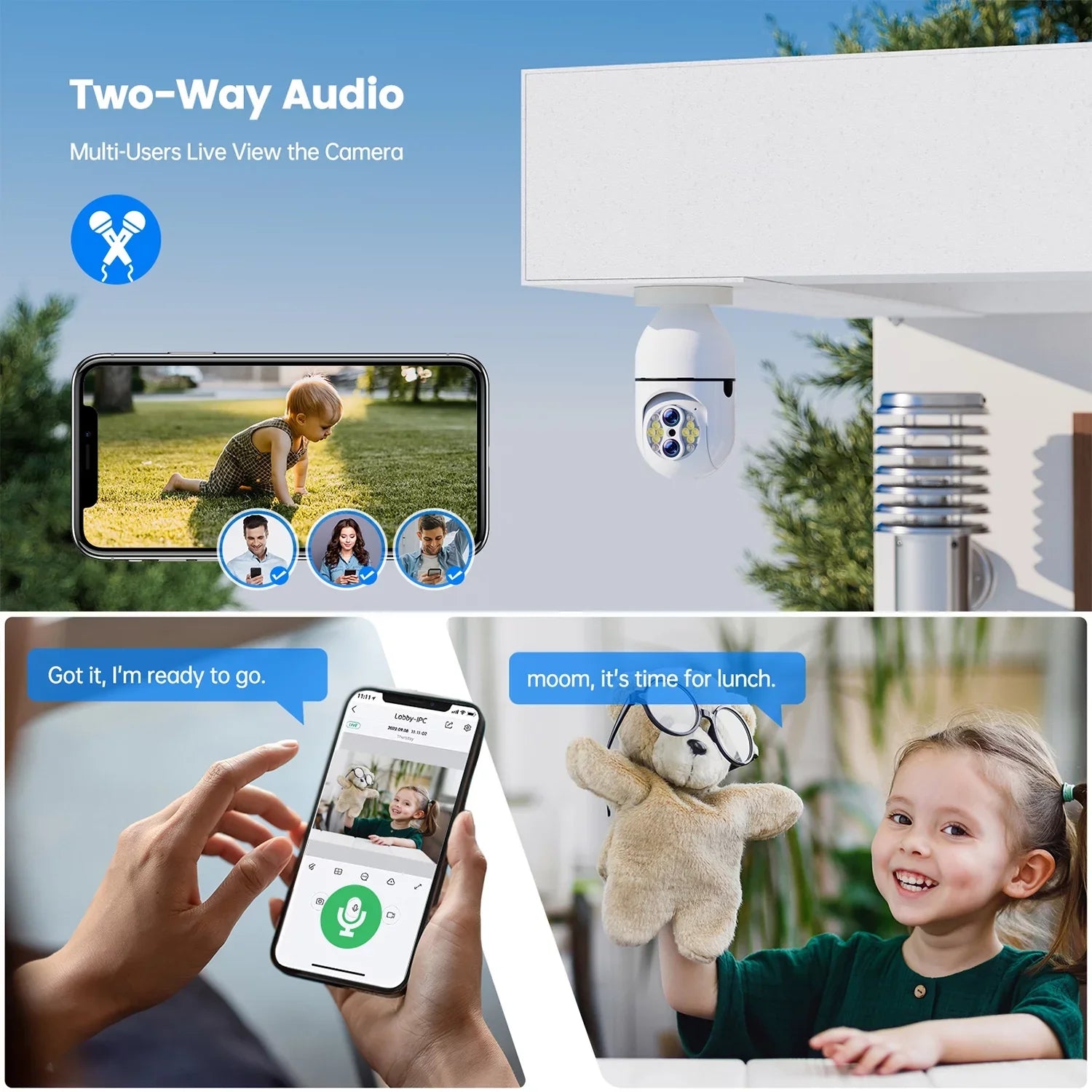 Toguard 3 Pack  10X Hybrid Zoom Light Bulb Security Camera Outdoor   Dual Lens Dome Surveillance Camera Wireless Connector