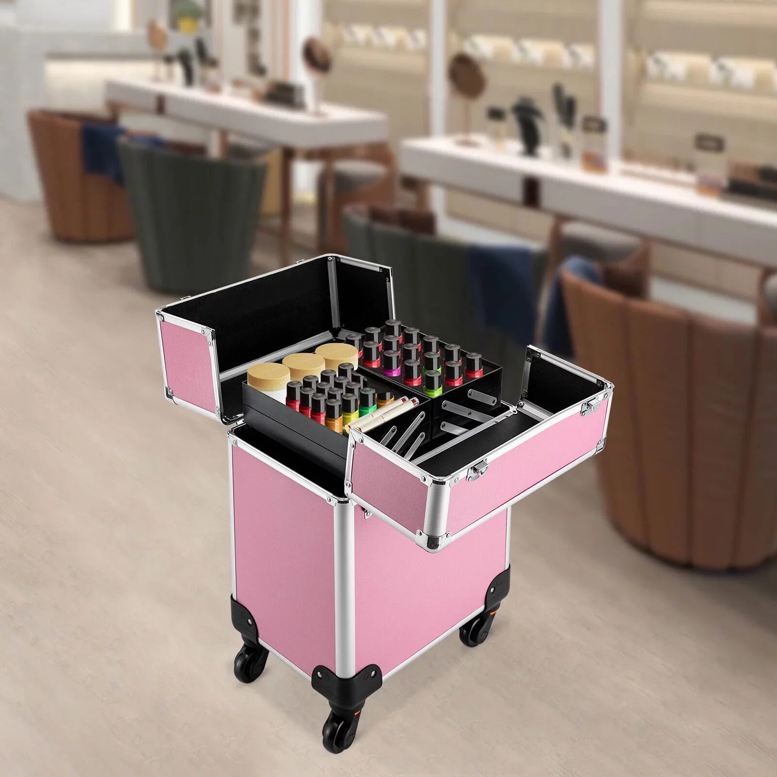 Miumaeov Rolling Makeup Train Case Cosmetic Trolley Cosmetic Case Professional Large Storage Organizer Salon Barber Case Travel Adjustable Dividers for Beauty Personal Care