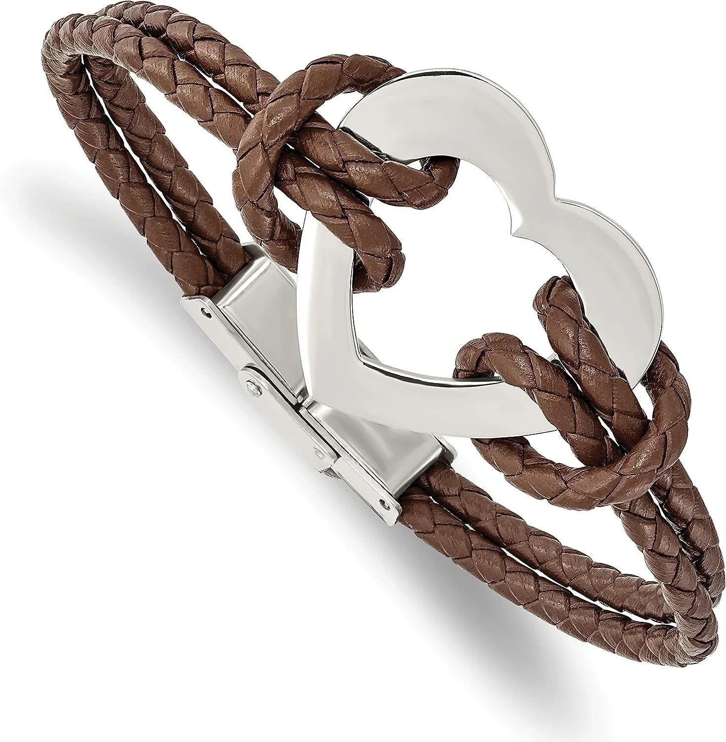 Chisel Stainless Steel Polished Heart Brown Braided Leather Bracelet - 7.5"