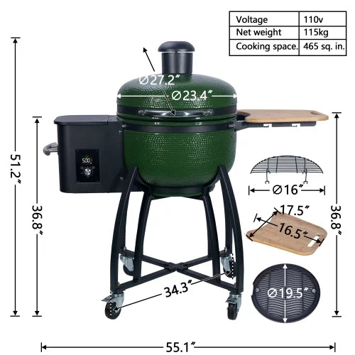 24" Ceramic Pellet Grill with 19.6" diameter Gridiron Double Ceramic Liner 4-in-1 Smoked Roasted  Pan-roasted for Outdoors Patio,Green