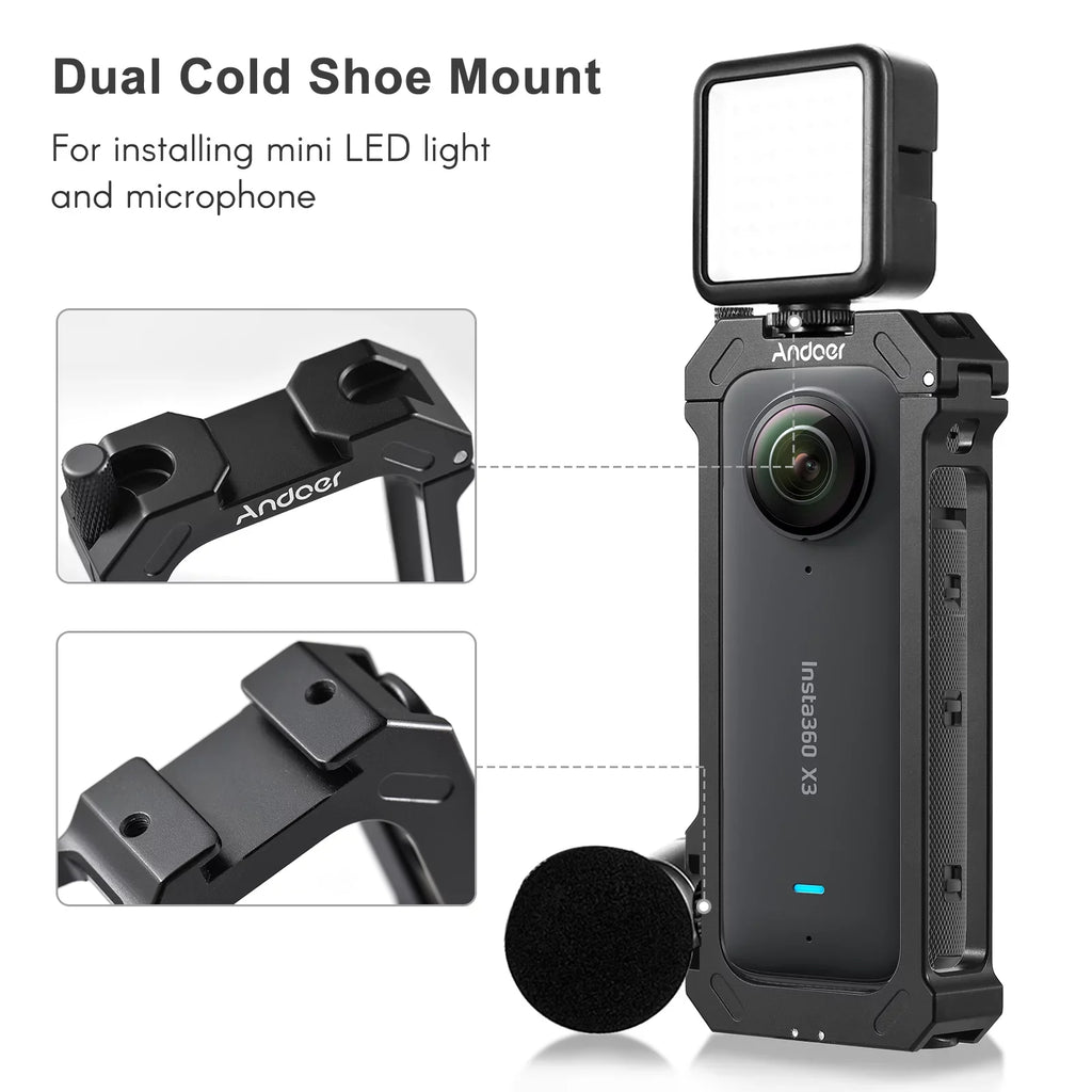 Andoer Aluminum Alloy Sports Camera Video Cage with Dual Cold Shoe Mounts - Metal Protective Frame Vlog Accessories for Insta360
