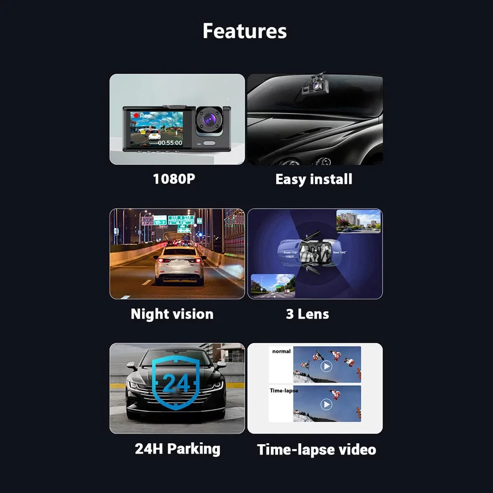 1080P  Dash Camera Front & Inside & Rear Camera Driving Recorder 2 Inch Screen Dashcam Support Night-Vision Loop Recording One-Key Lock WiFi version
