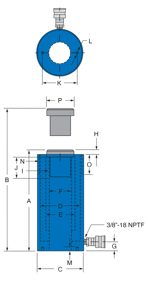 Freedom Hydraulics 30 Ton Single Acting Hollow Hole Cylinder, 6.00" Stroke -