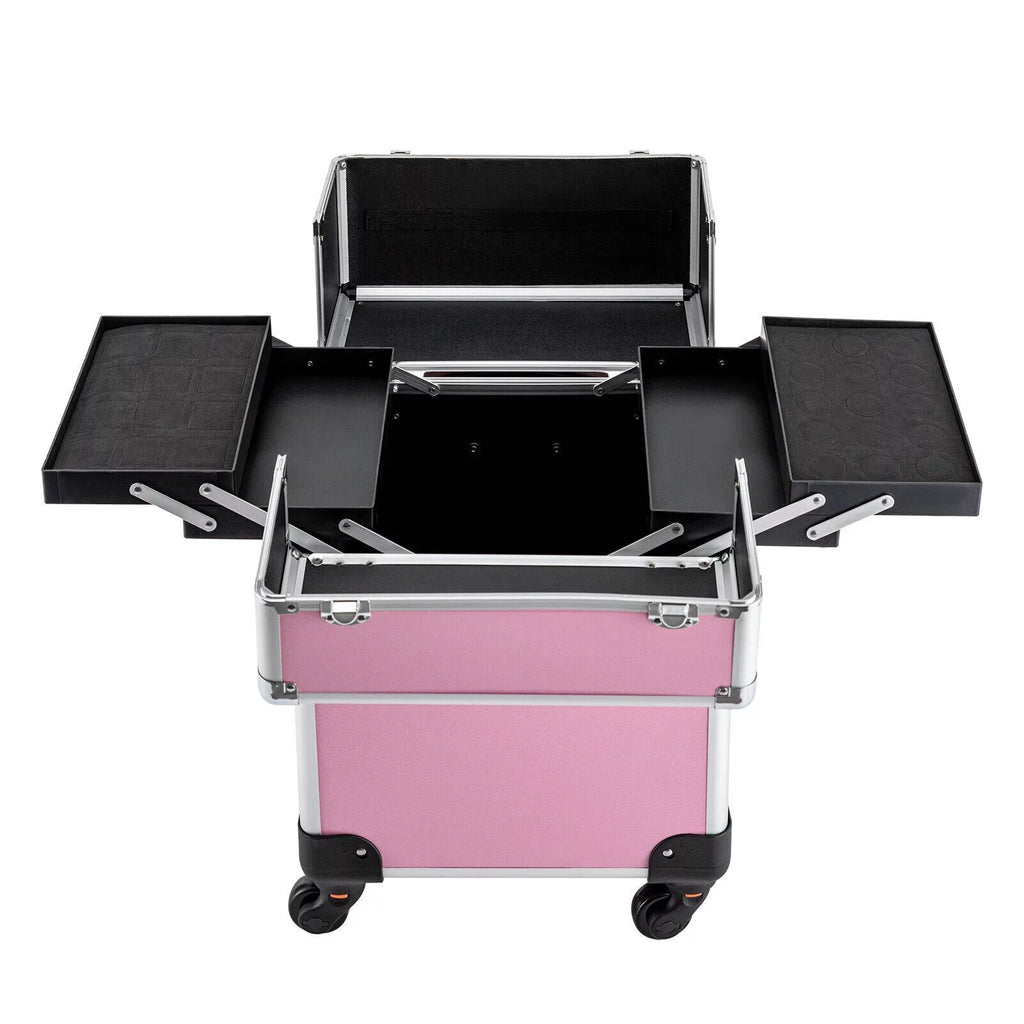 Miumaeov Rolling Makeup Train Case Cosmetic Trolley Cosmetic Case Professional Large Storage Organizer Salon Barber Case Travel Adjustable Dividers for Beauty Personal Care