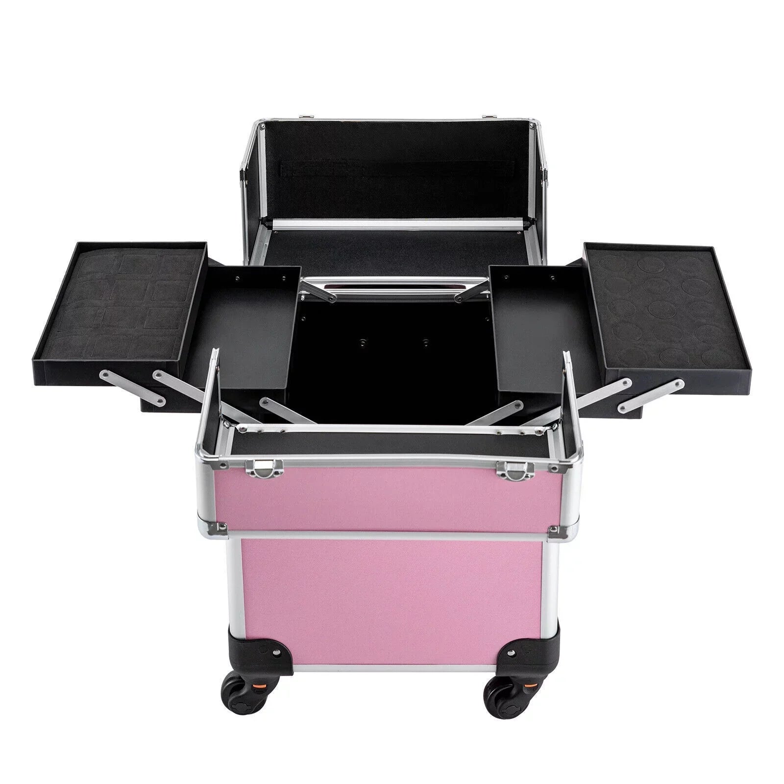 Miumaeov Rolling Makeup Train Case Cosmetic Trolley Cosmetic Case Professional Large Storage Organizer Salon Barber Case Travel Adjustable Dividers for Beauty Personal Care