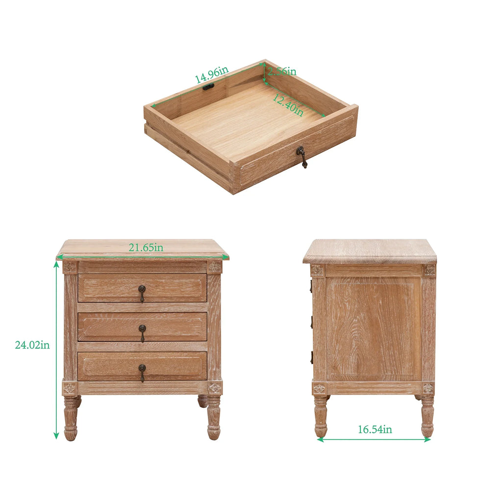 Pellebant Oak Nightstand with 3 Drawers Bedroom Furniture