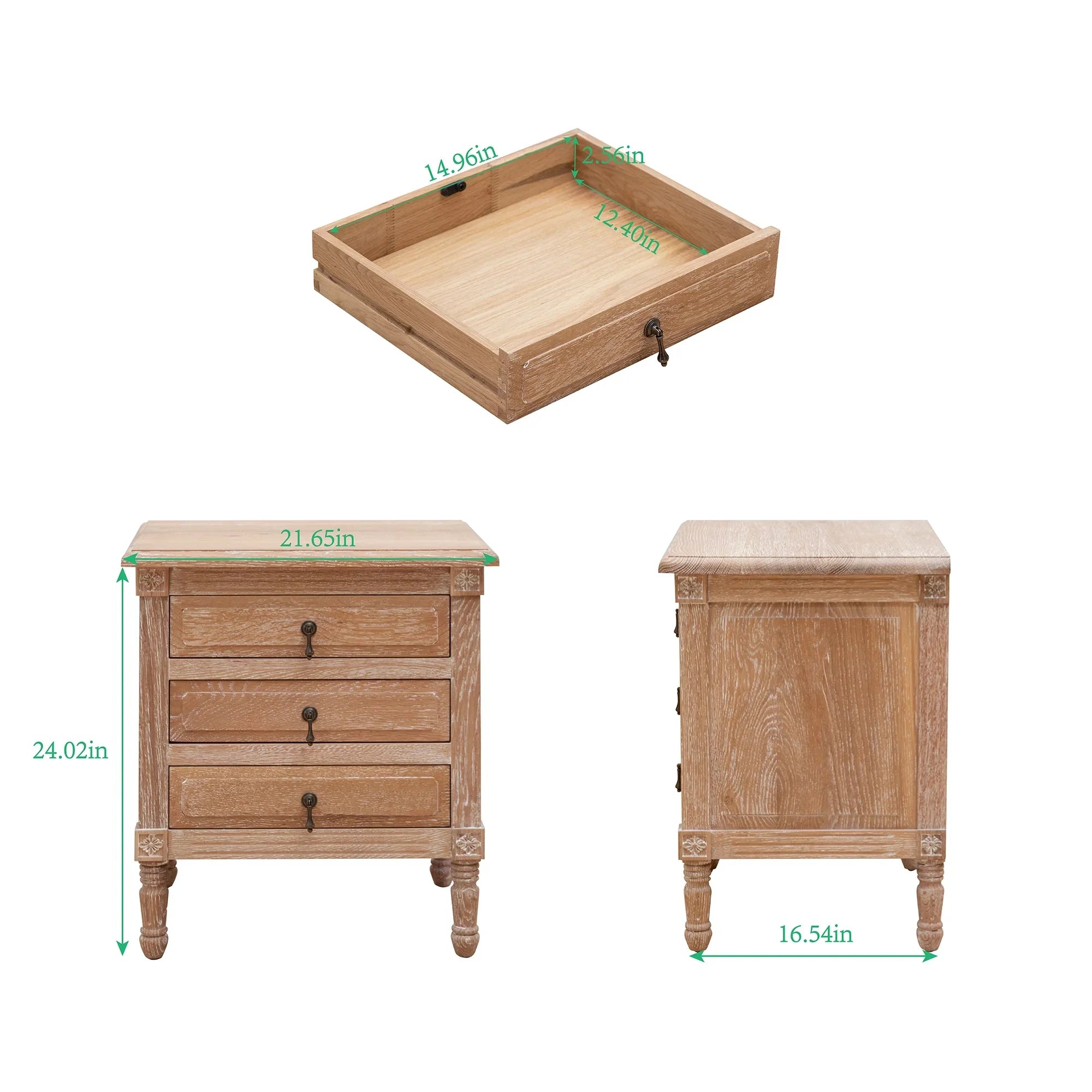 Pellebant Oak Nightstand with 3 Drawers Bedroom Furniture