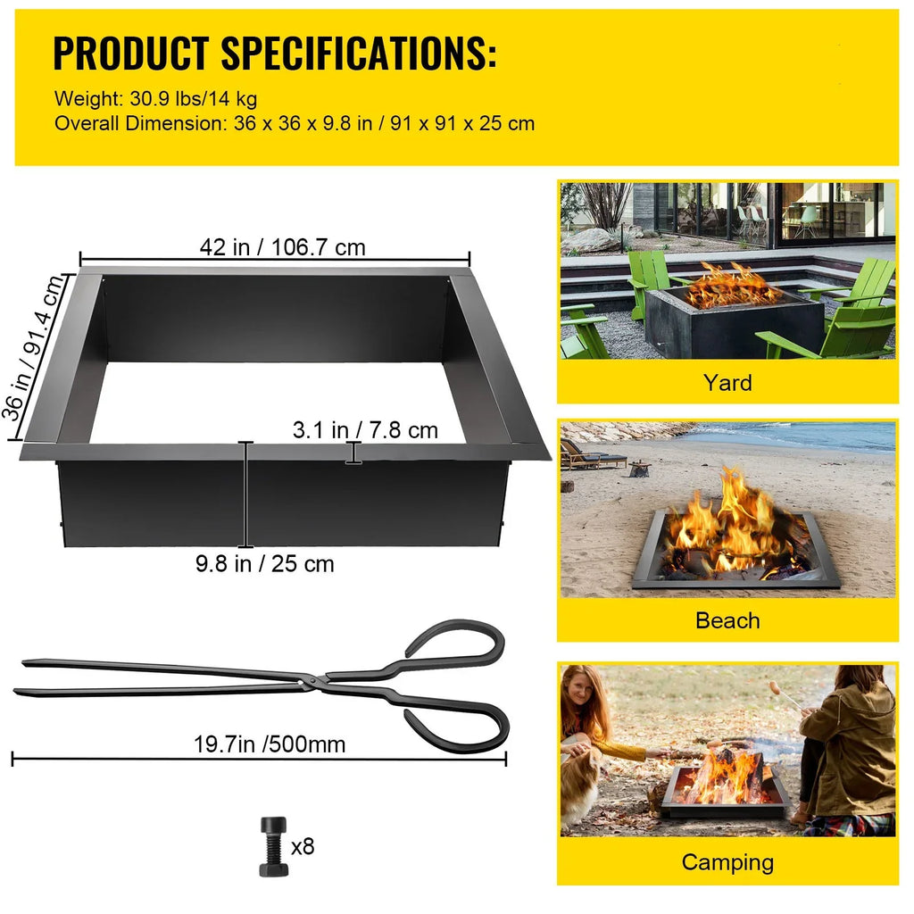 Fire Pit Ring, 36" Square Fire Pit Insert, Heavy Duty Steel Fire Ring,  Bonfire Liner with Tongs Insert with Simple Installation for Outdoor, Patio, Backyard
