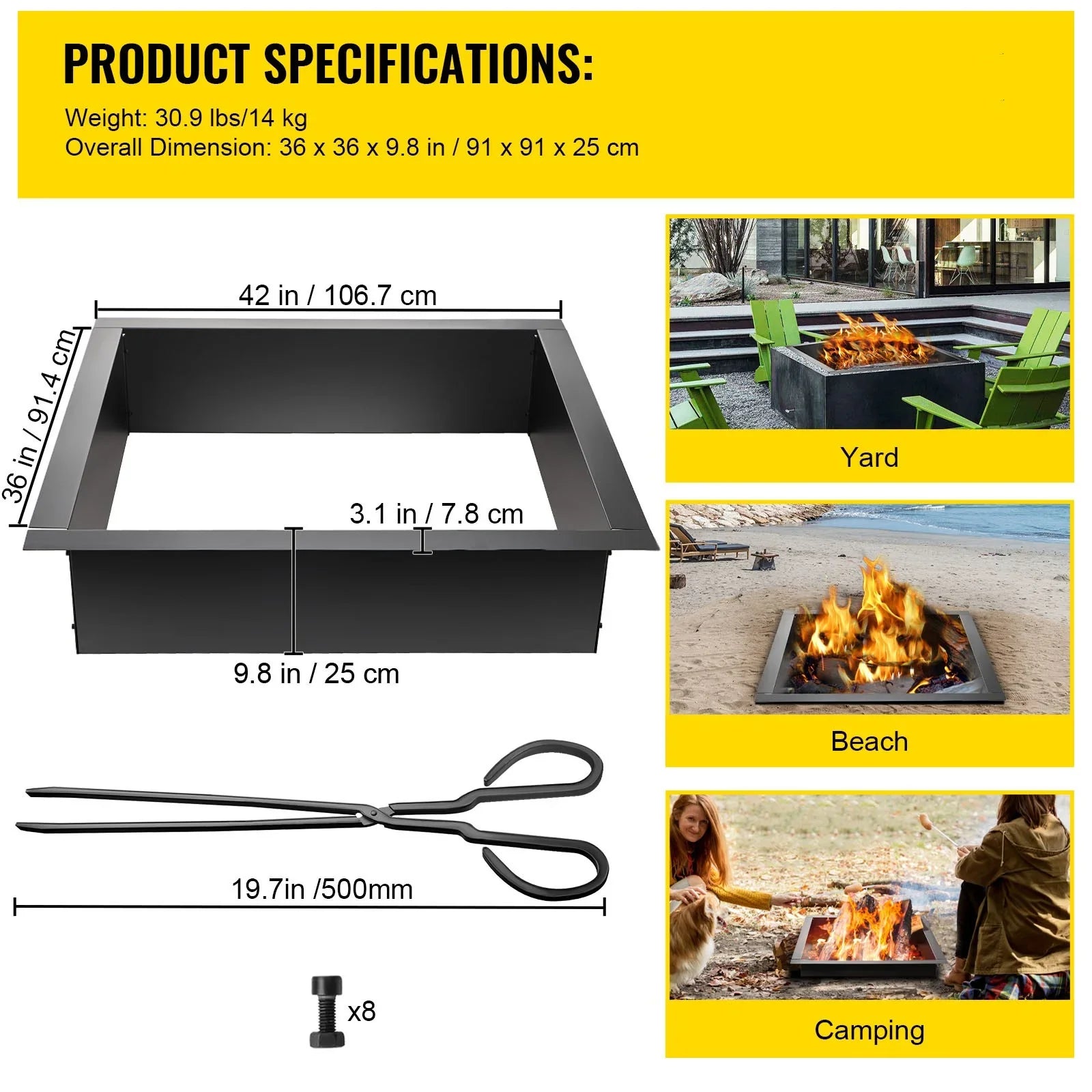 Fire Pit Ring, 36" Square Fire Pit Insert, Heavy Duty Steel Fire Ring,  Bonfire Liner with Tongs Insert with Simple Installation for Outdoor, Patio, Backyard