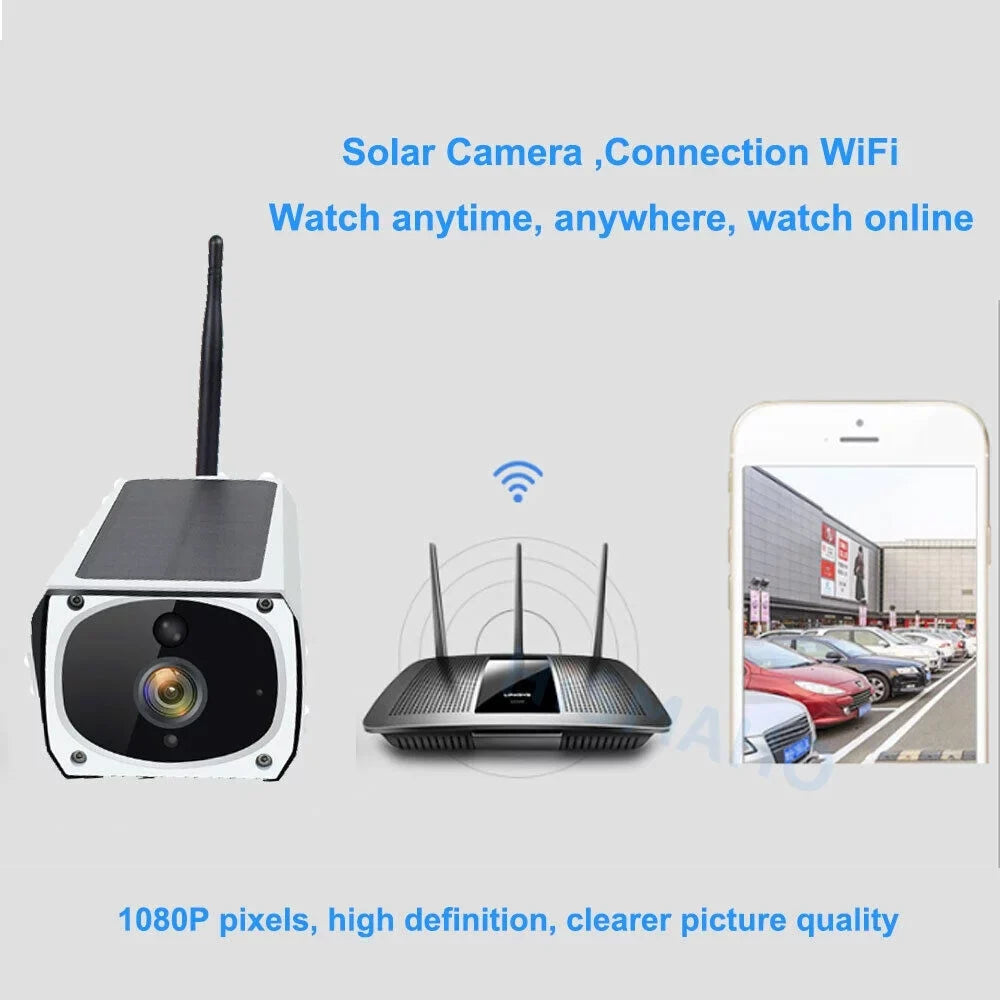 1080P Solar Powered Security Camera, Wireless Security Camera, WiFi  Home Outdoor Security  Camera Night Vision  with 32GB Momery Card and 3 Pcs 18650 Batteries
